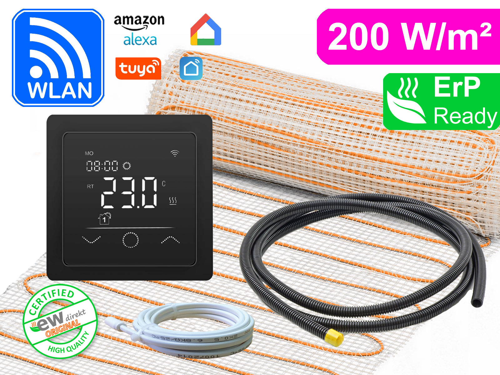 ultrapro-200-RT-63s-1 Elektrische Fußbodenheizung UltraPro für Fliesen 200 W/m² mit Thermostat RT-63 Wlan schwarz