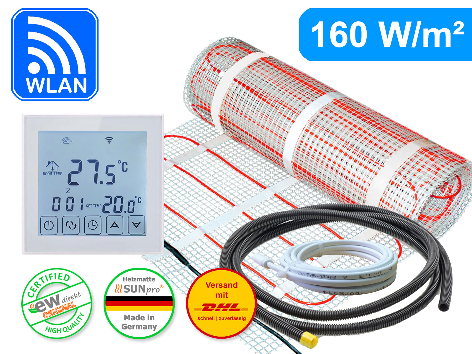 Thermostat RT-6 Wlan mit elektrischer Heizmatte SunPro für Fliesen 160 W/m²