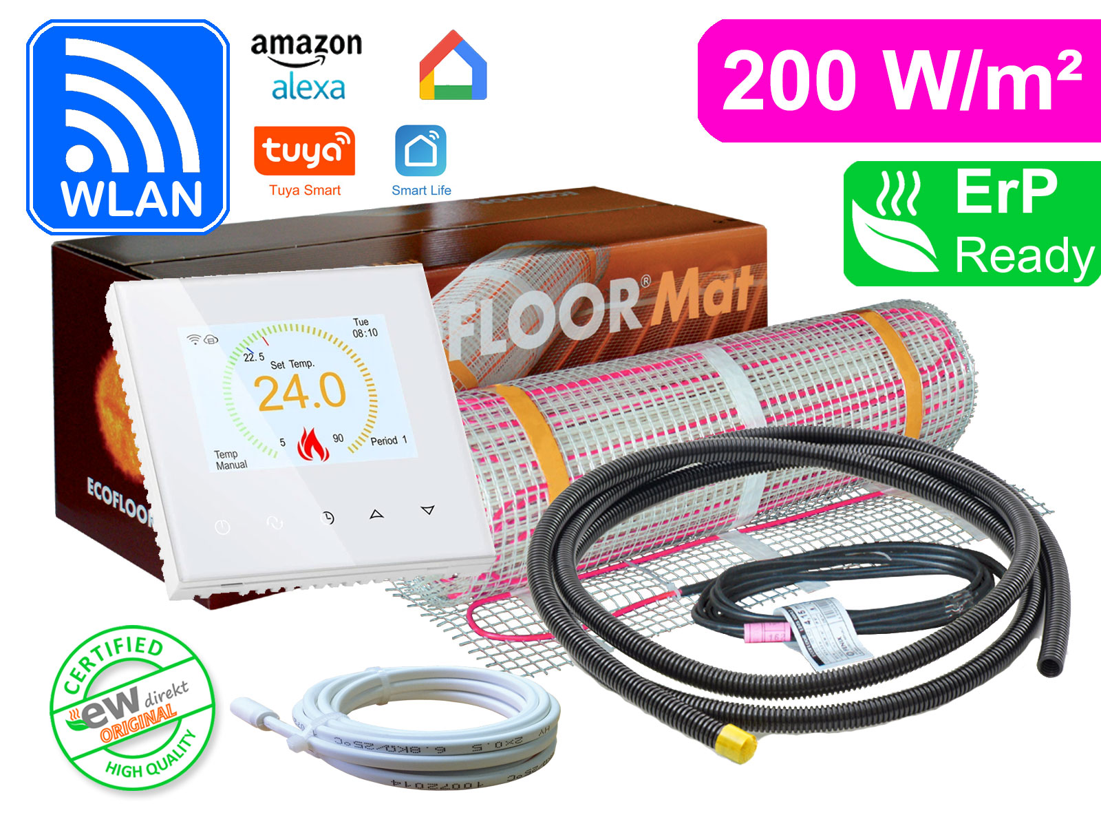 Thermostat RT-70 Wlan weiß mit FENIX Ecofloor 200 W/m² elektrischer Heizmatte für Fliesen