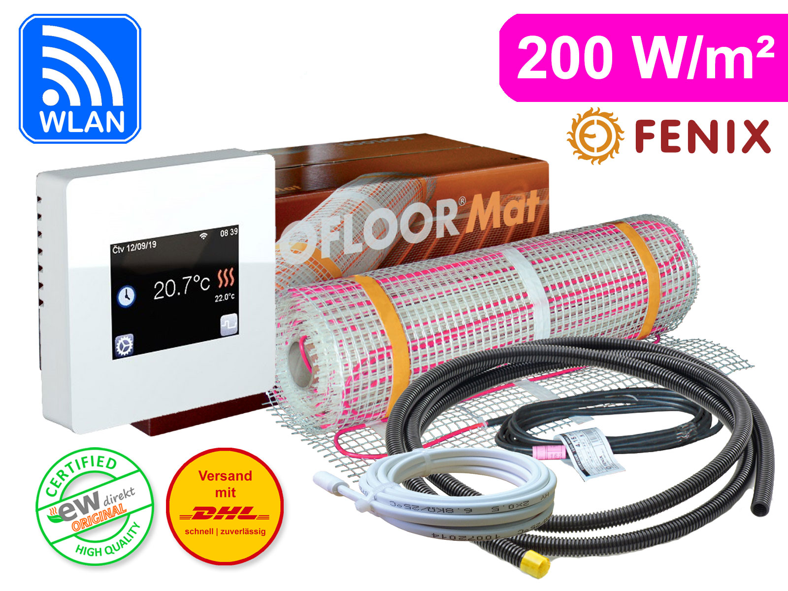 Thermostat Fenix TFT - WIFI mit Ecofloor 200 W/m² elektrischer Heizmatte für Fliesen