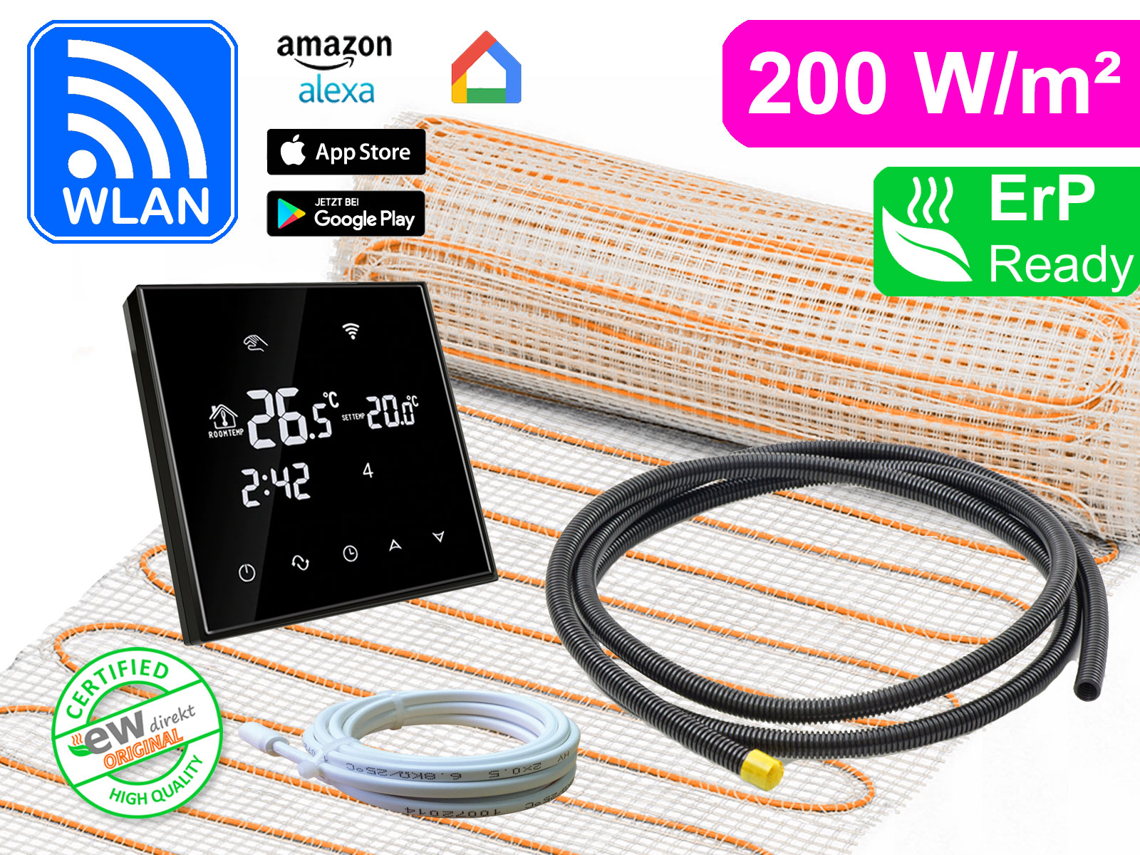 Elektrische Fußbodenheizung UltraPro für Fliesen 200 W/m² mit Thermostat RT-67 Wlan schwarz