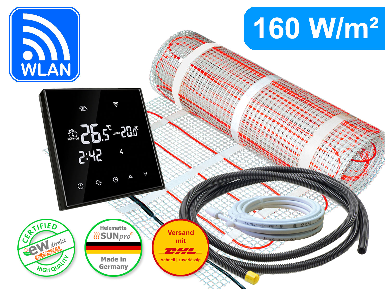 Thermostat RT-67 Wlan schwarz mit elektrischer Heizmatte SunPro für Fliesen 160 W/m²
