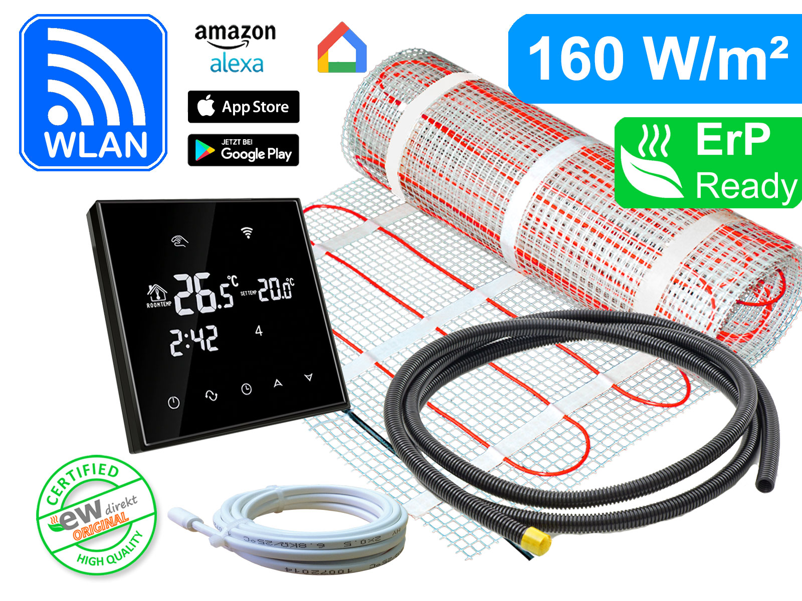 RT-65-160-basic-s Thermostat RT-67 Wlan schwarz mit elektrischer Heizmatte SunPro für Fliesen 160 W/m²