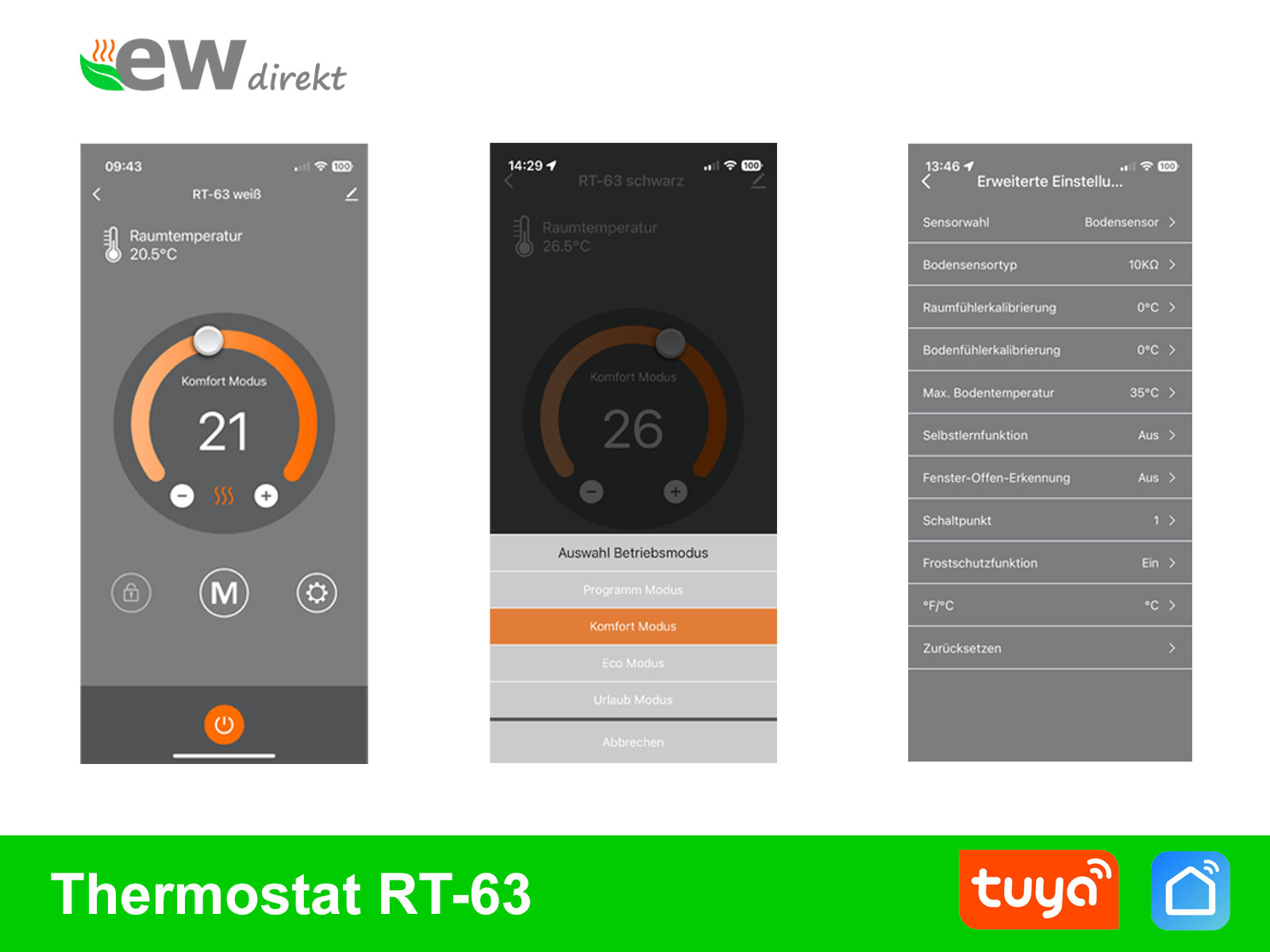 Thermostat RT-63 Wlan schwarz mit elektrischer Heizmatte SunPro für Fliesen 160 W/m²