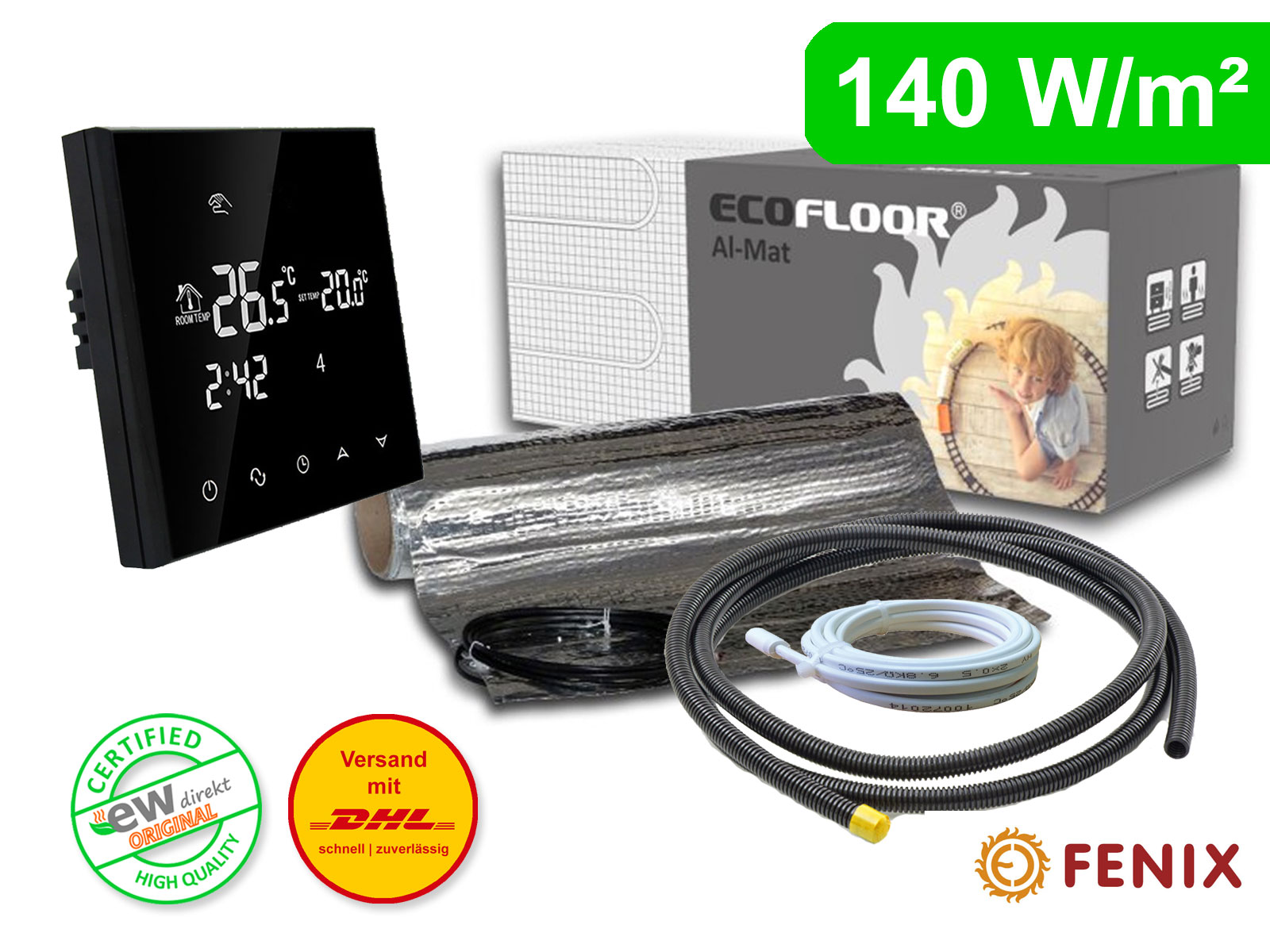 Elektrische Fußbodenheizung Thermostat RT-50 mit FENIX AL-MAT 140 W/m² für Laminat / Klickvinyl