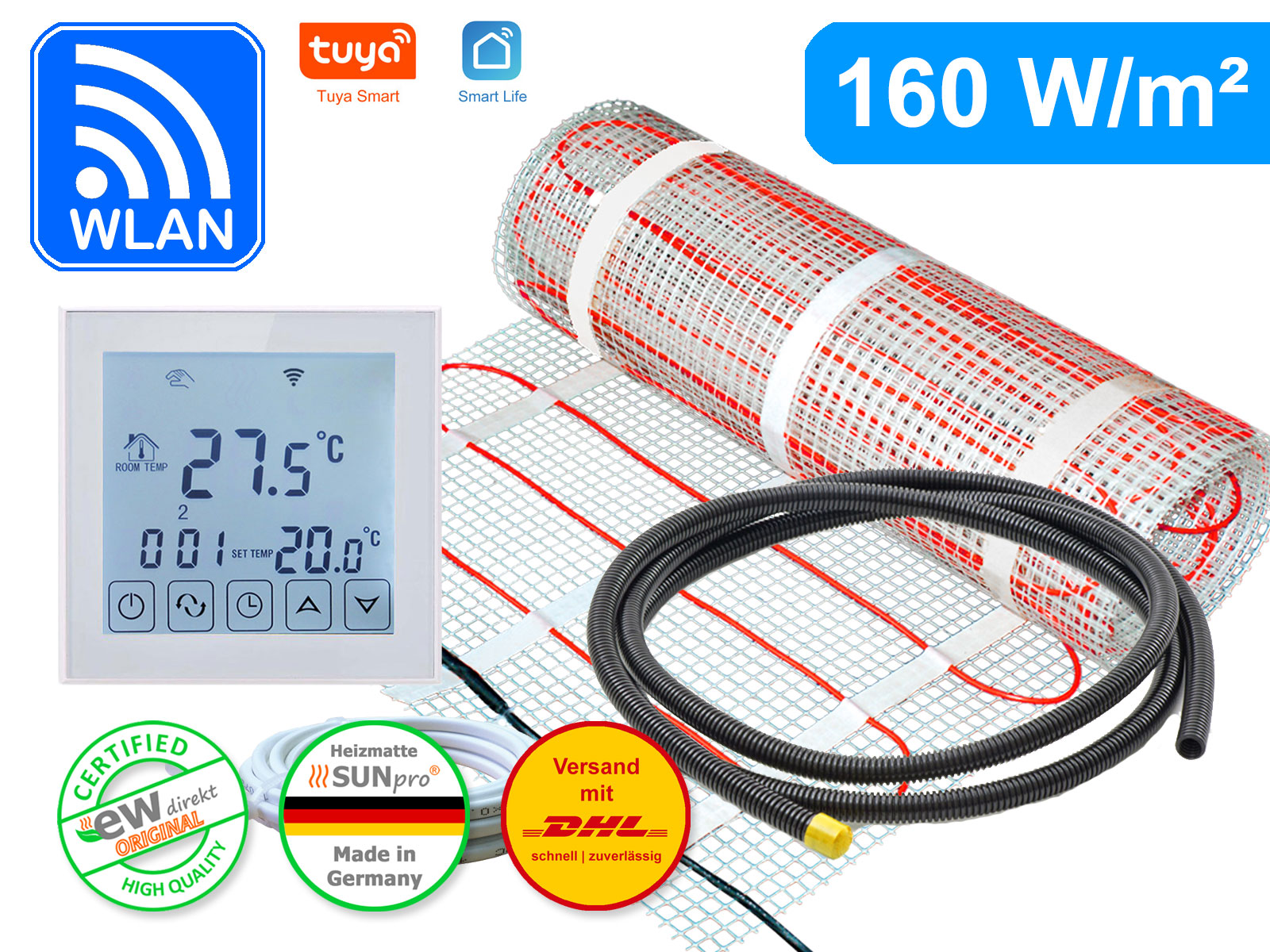 Thermostat RT-60 Wlan mit elektrischer Heizmatte SunPro für Fliesen 160 W/m²