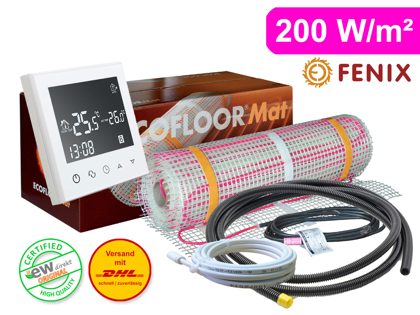 Thermostat RT-50 mit FENIX Ecofloor 200 W/m² elektrischer Heizmatte für Fliesen