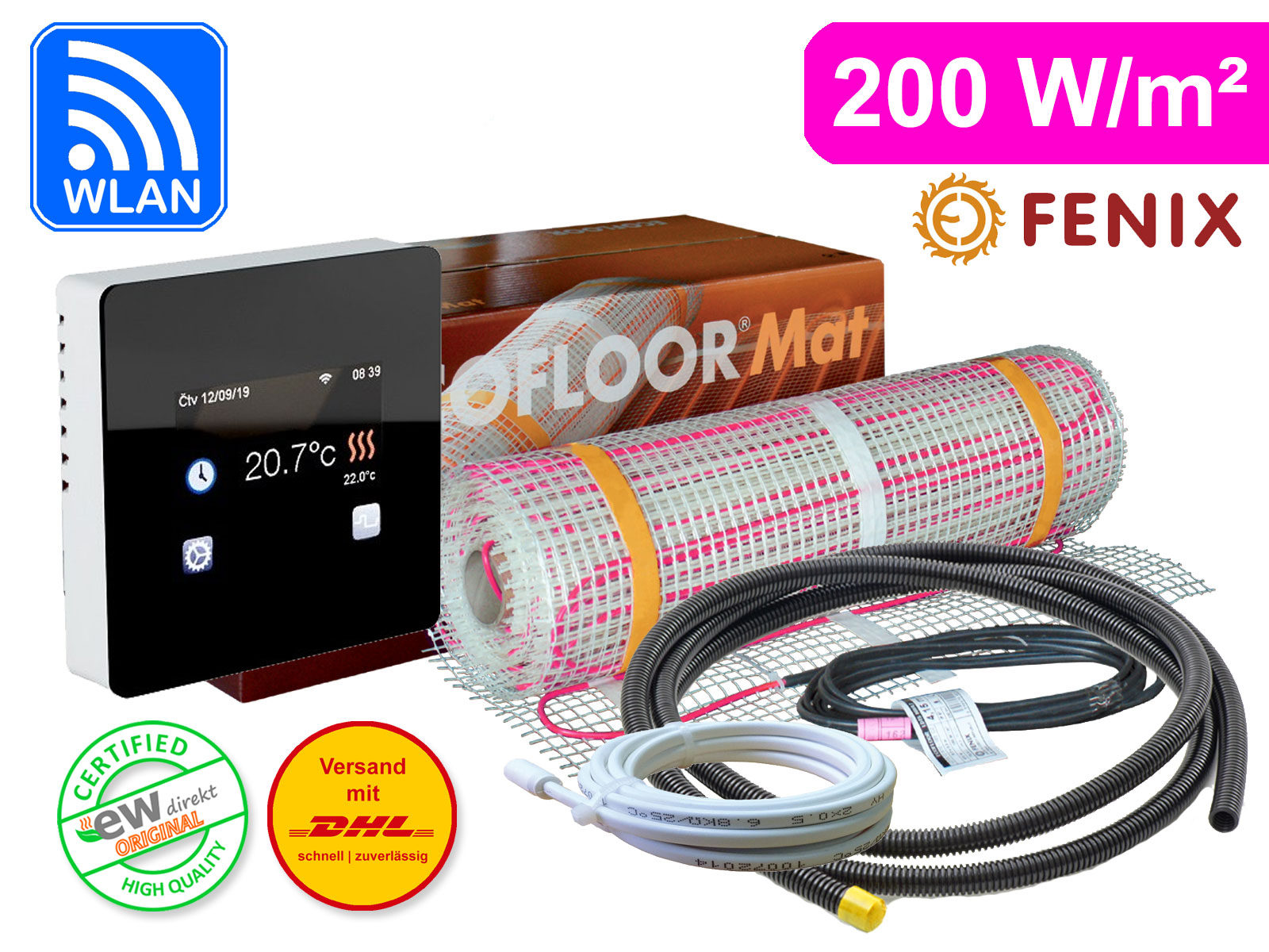 Thermostat Fenix TFT - WIFI mit Ecofloor 200 W/m² elektrischer Heizmatte für Fliesen