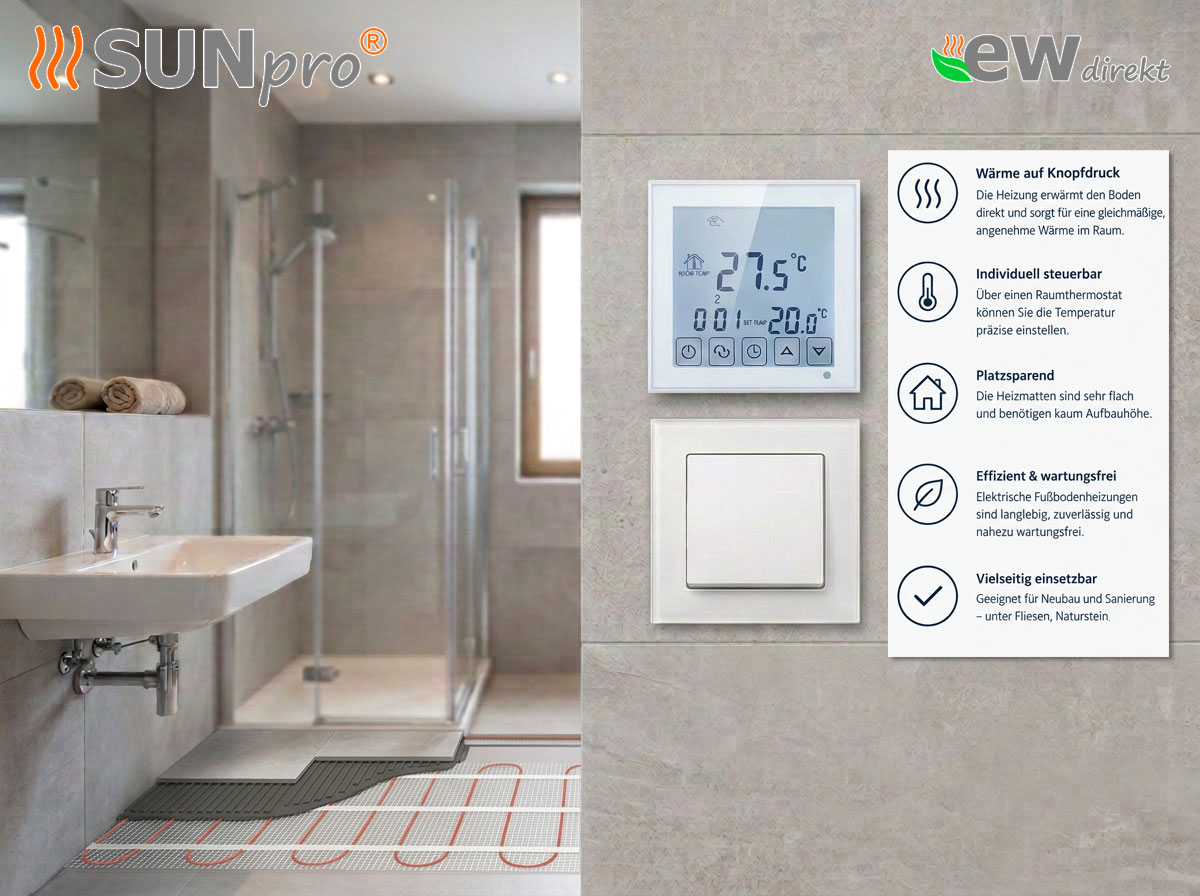 Thermostat RT-45 mit elektrischer Heizmatte SunPro für Fliesen 160 W/m²
