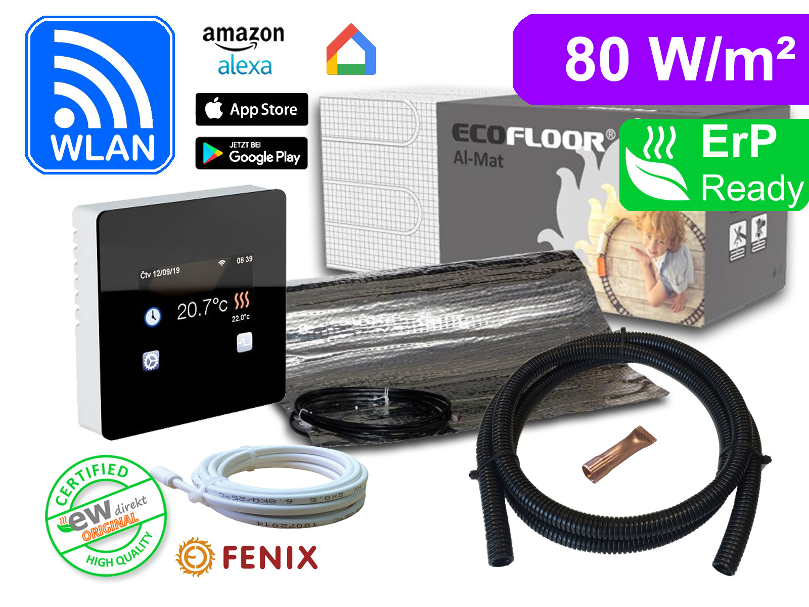 Elektrische Fußbodenheizung Thermostat Fenix TFT - WIFI mit AL-MAT 80 W/m² für Laminat / Klickvinyl