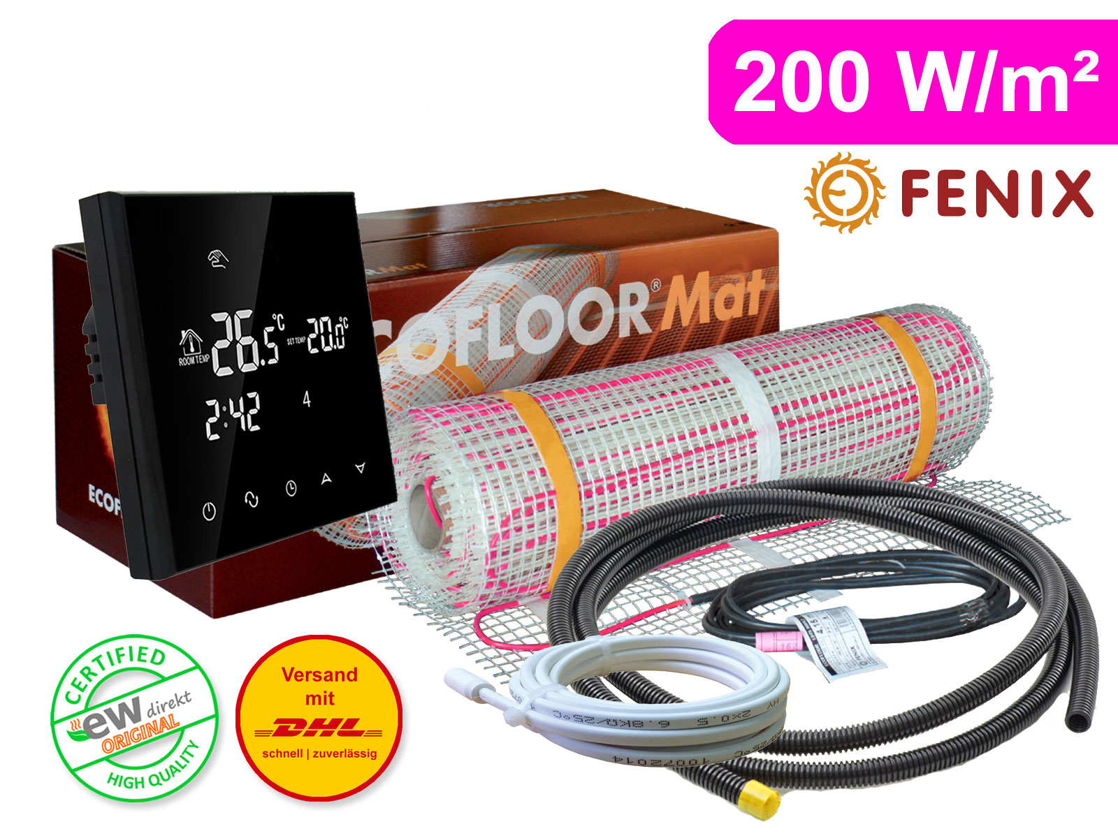 Thermostat RT-50 mit FENIX Ecofloor 200 W/m² elektrischer Heizmatte für Fliesen