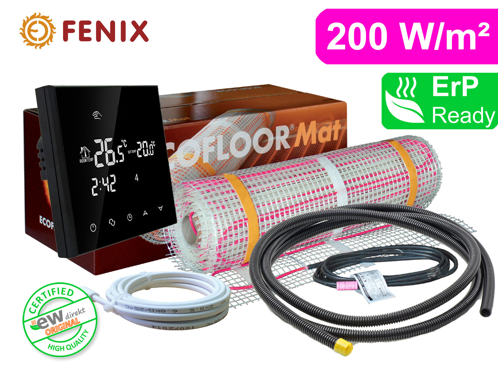 Thermostat RT-50 mit FENIX Ecofloor 200 W/m² elektrischer Heizmatte für Fliesen