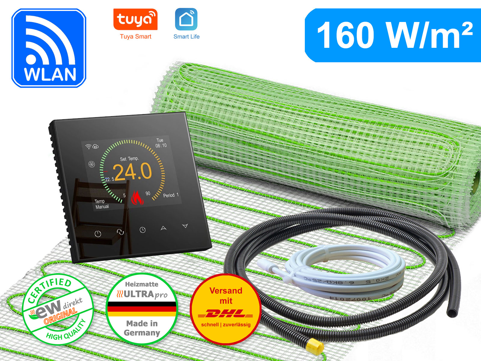 Thermostat RT-70 Wlan schwarz mit elektrischer Heizmatte UltraPro für Fliesen 160 W/m²