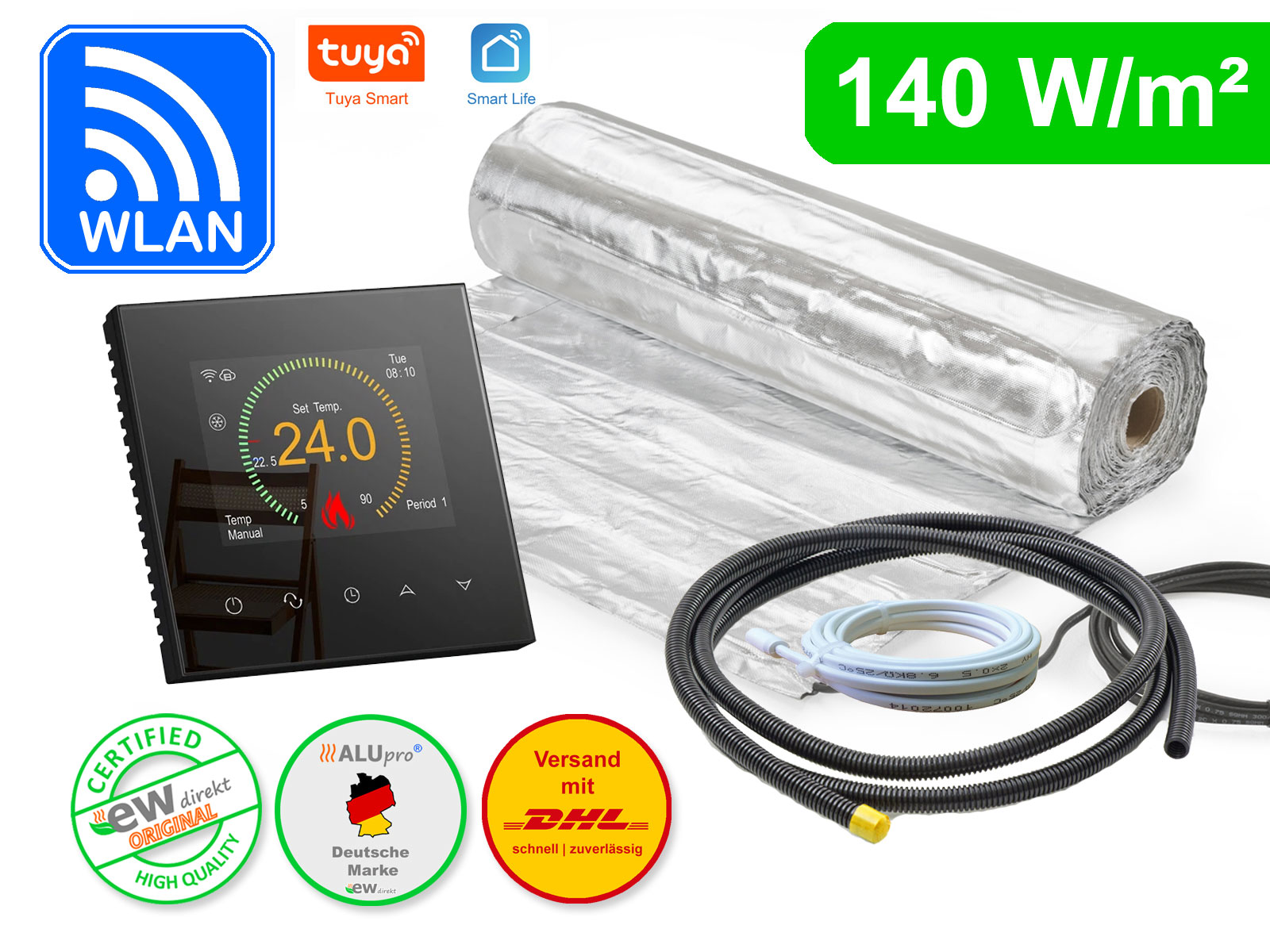 Thermostat RT-70 Wlan schwarz mit AluPro 140 W/m² für Laminat / Klickvinyl