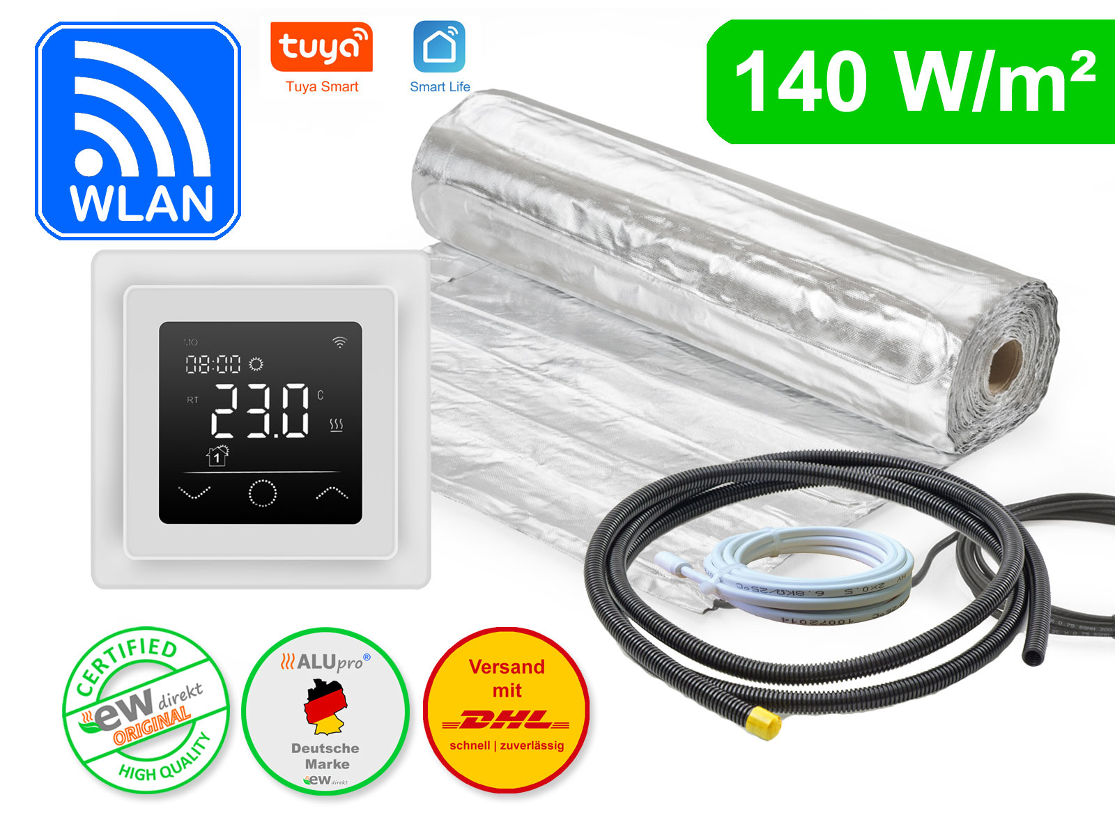 Thermostat RT-63 Wlan weiß mit AluPro 140 W/m² für Laminat / Klickvinyl