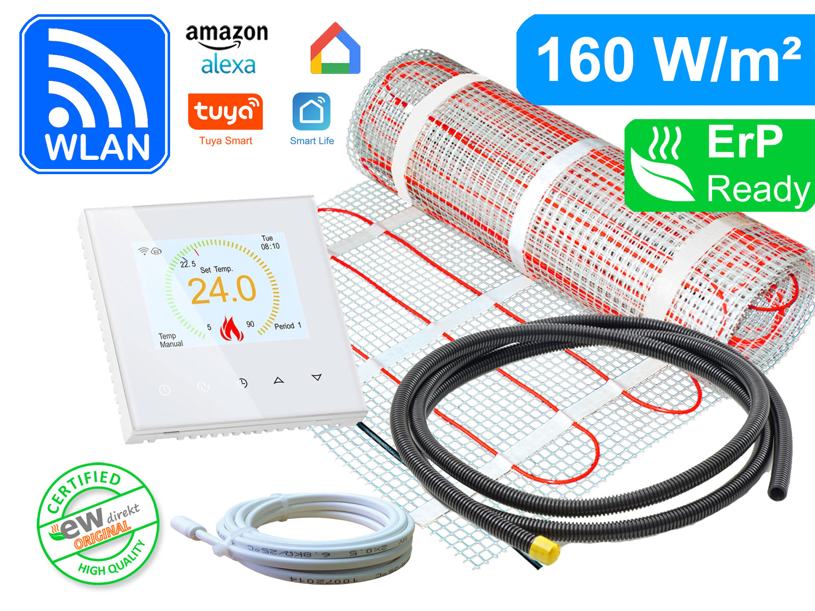 RT-70-b-160-white Thermostat RT-70 Wlan weiß mit elektrischer Heizmatte SunPro für Fliesen 160 W/m²