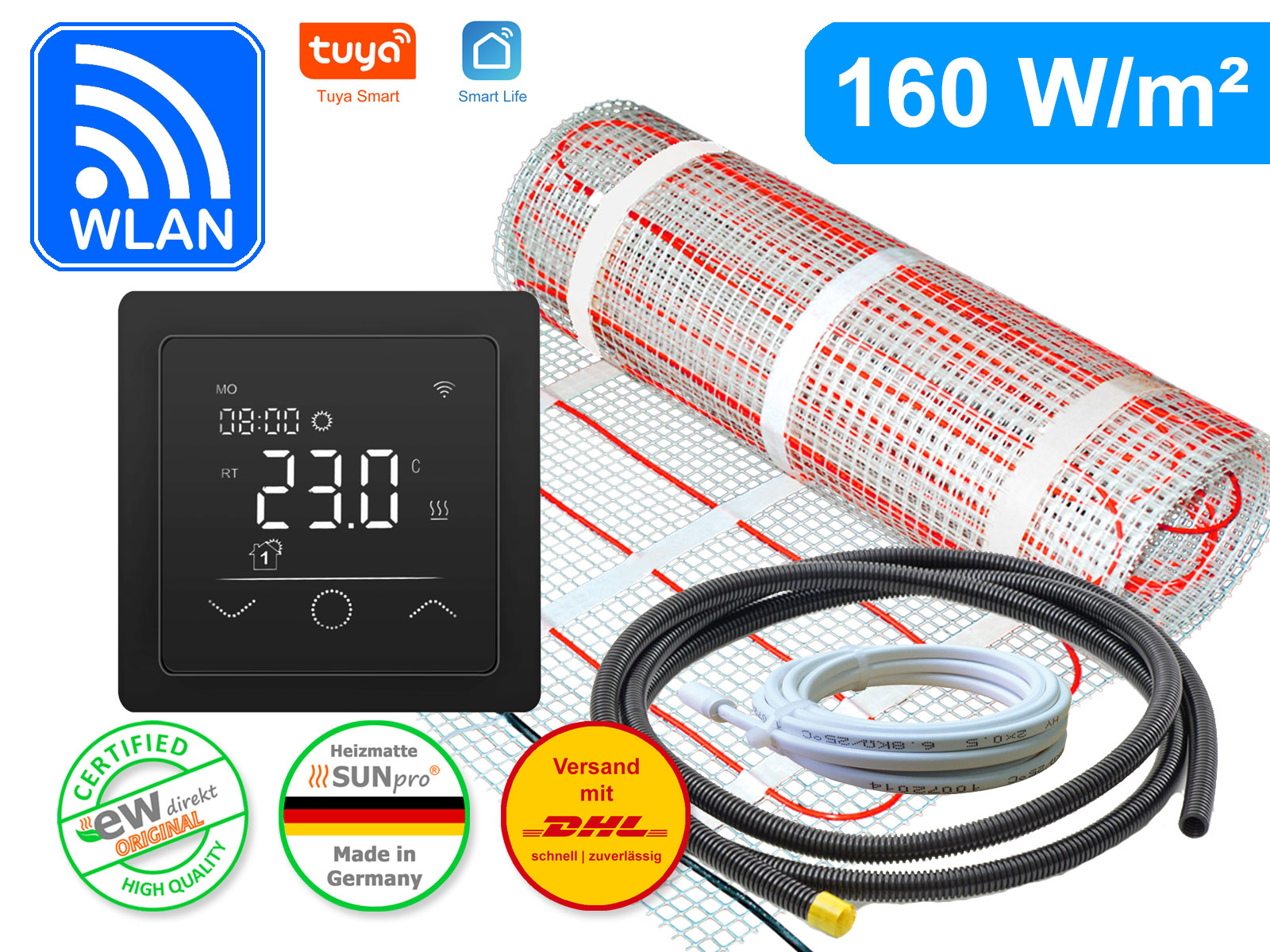 Thermostat RT-63 Wlan schwarz mit elektrischer Heizmatte SunPro für Fliesen 160 W/m²