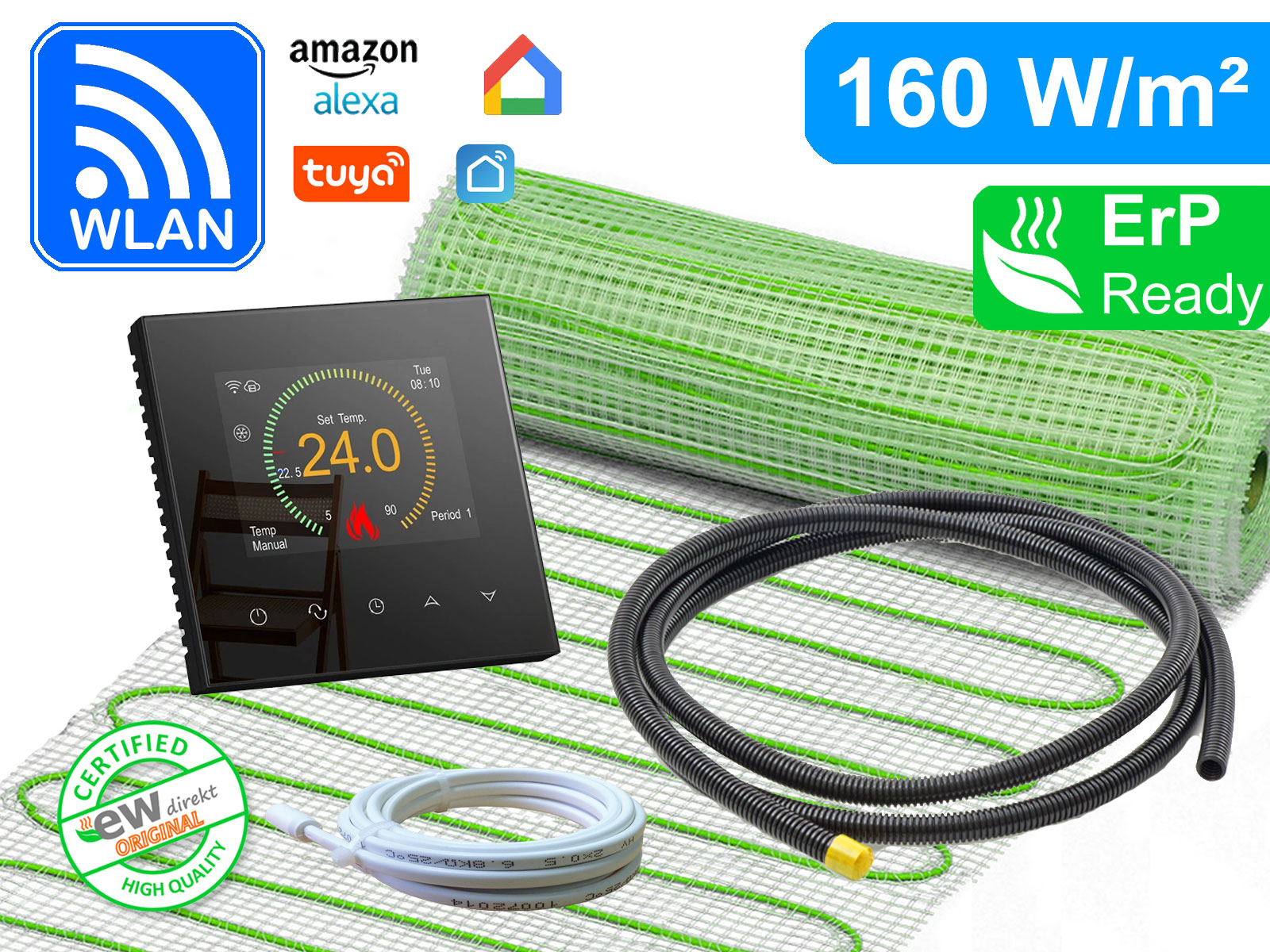 Thermostat RT-70 Wlan schwarz mit elektrischer Heizmatte UltraPro für Fliesen 160 W/m²