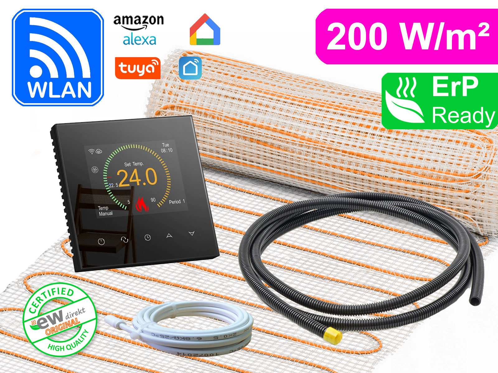 Thermostat RT-70 Wlan schwarz mit elektrischer Heizmatte UltraPro für Fliesen 200 W/m²