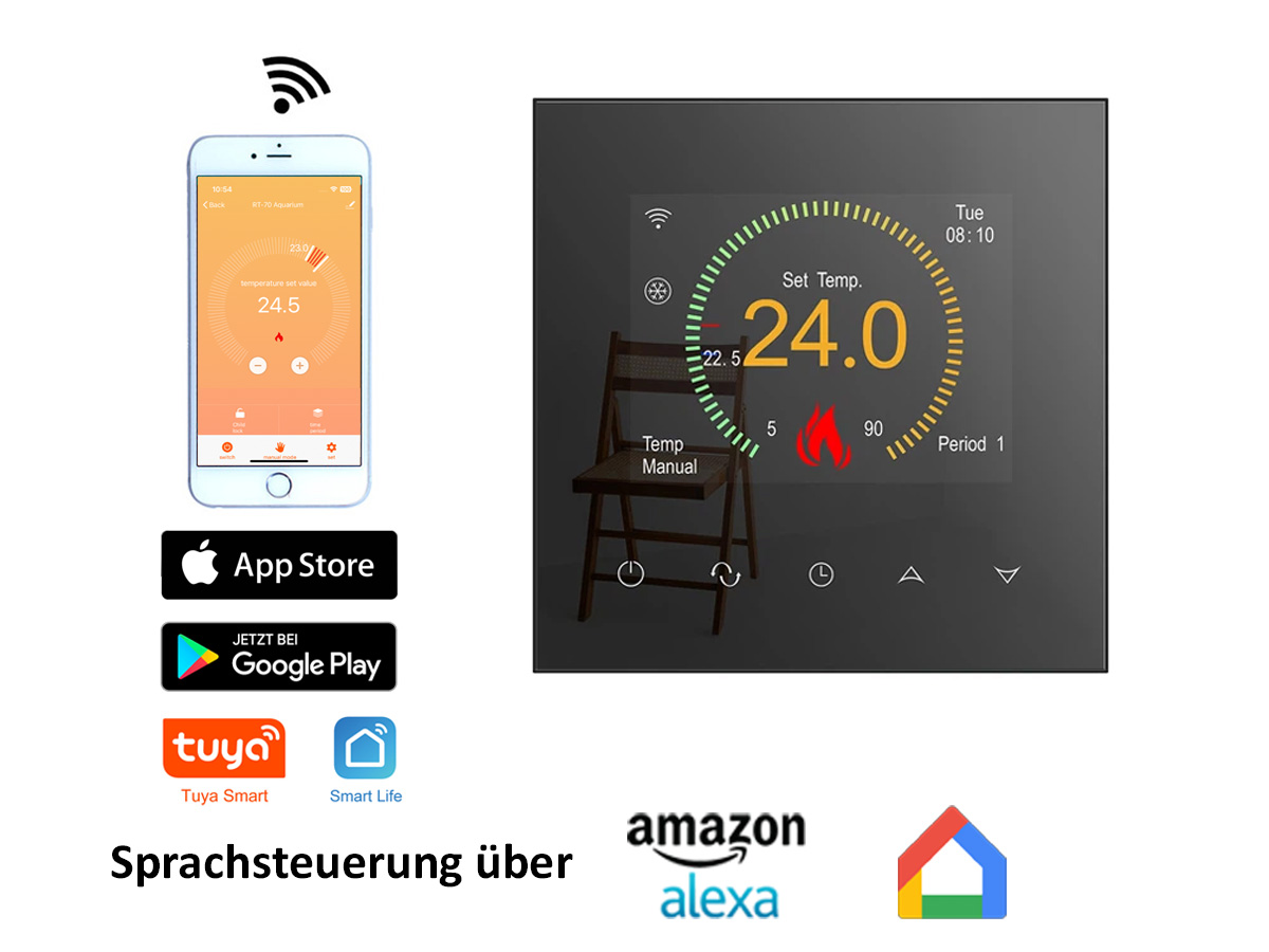 Thermostat RT-70 WIFI Touch schwarz Tuya Smartlife für elektrische Fußbodenheizung
