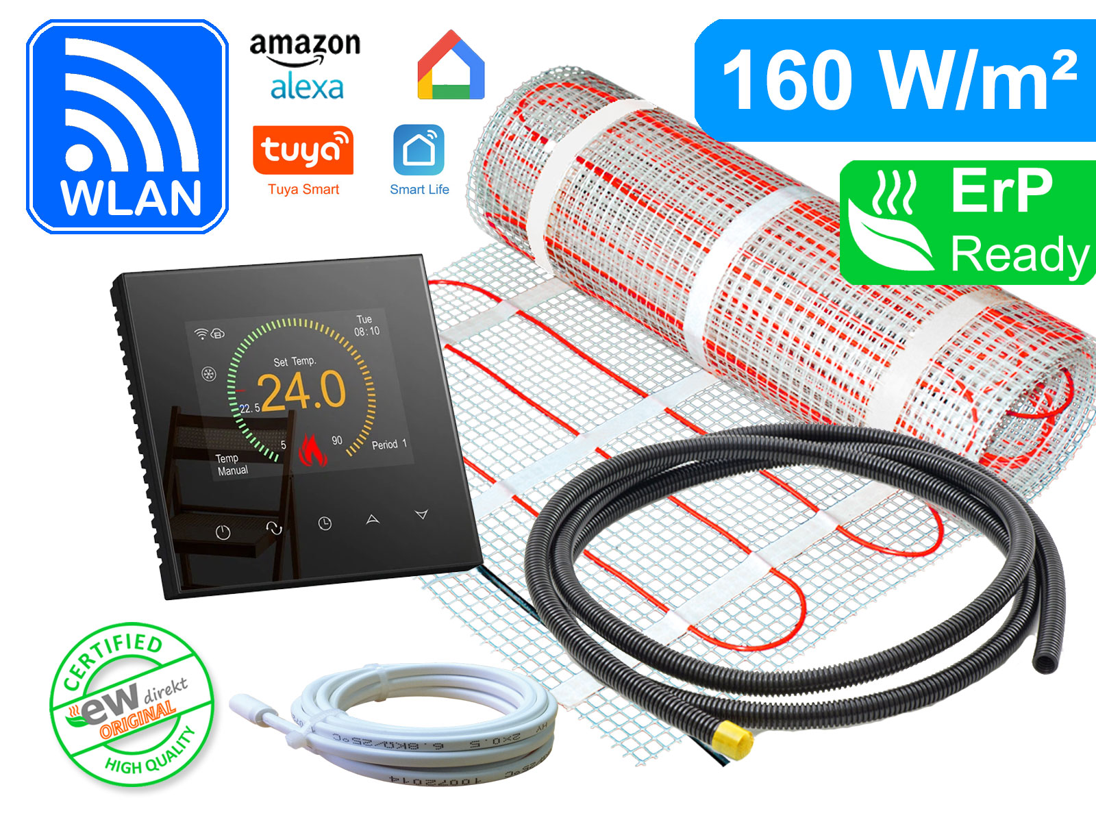 RT-70-b-160-black Thermostat RT-70 Wlan schwarz mit elektrischer Heizmatte SunPro für Fliesen 160 W/m²
