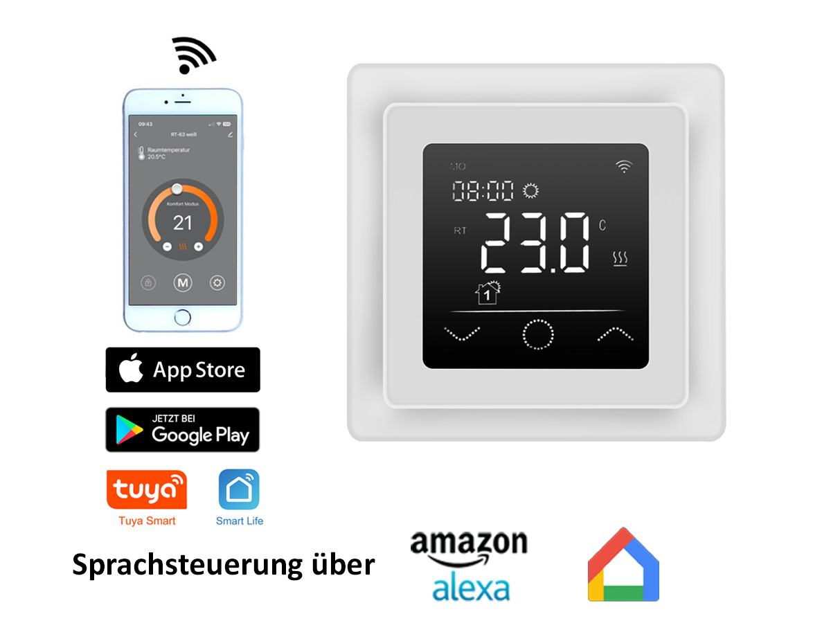 Thermostat RT-63 Wlan weiß mit FENIX Ecofloor 200 W/m² elektrischer Heizmatte für Fliesen - Tuya Smartlife App