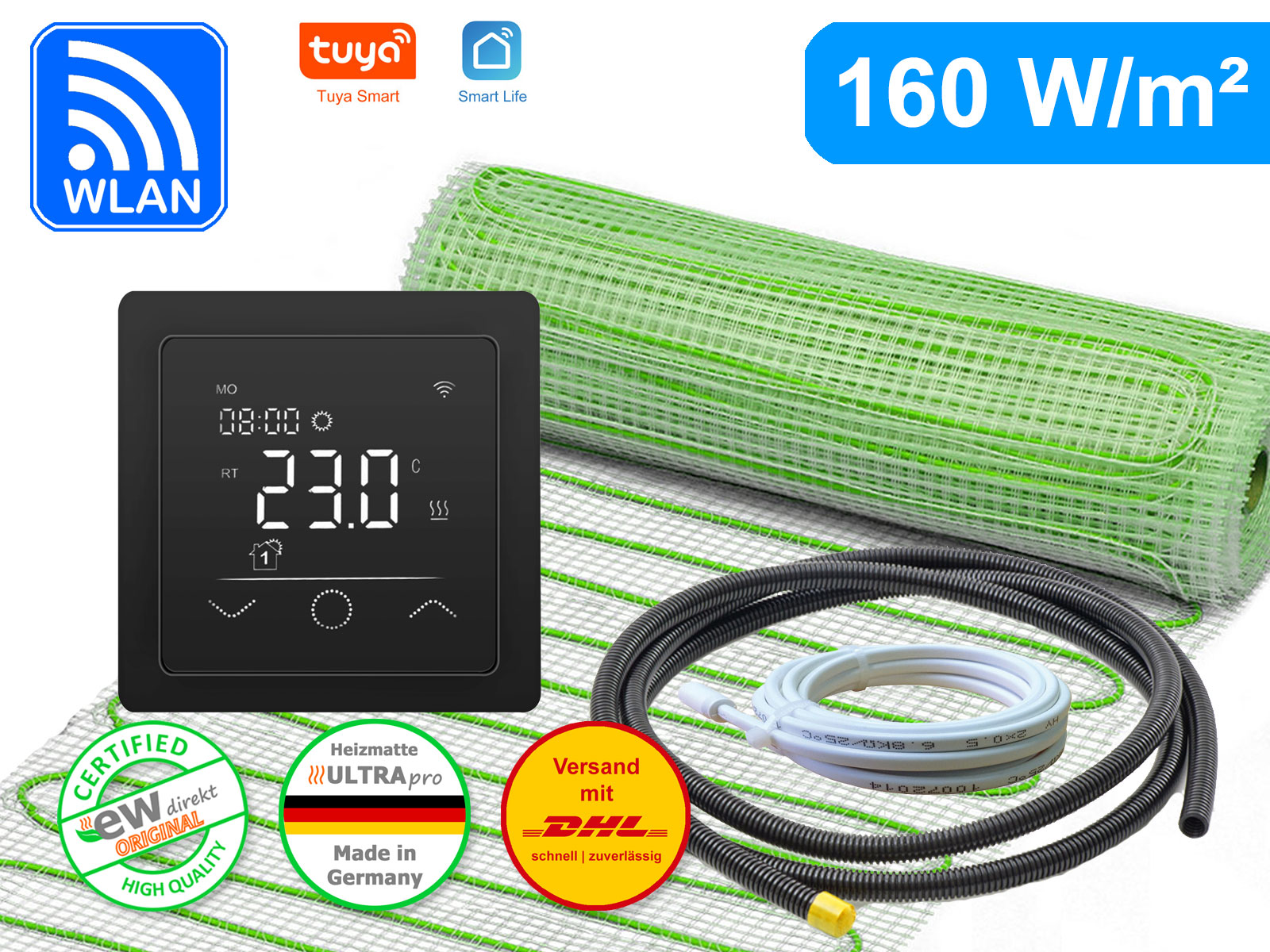 Thermostat RT-63 Wlan schwarz mit elektrischer Heizmatte UltraPro für Fliesen 160 W/m²