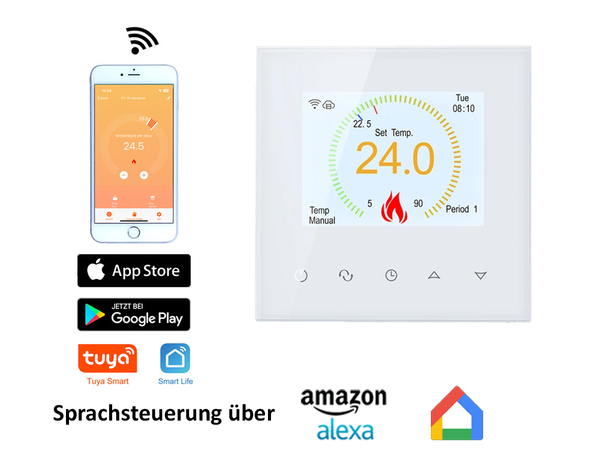Thermostat RT-70 WIFI Touch weiß Tuya Smartlife für elektrische Fußbodenheizung