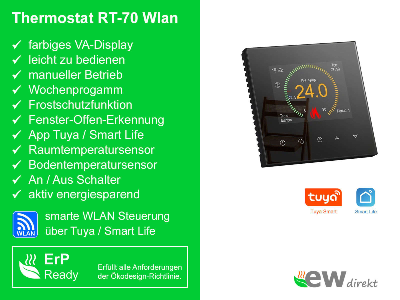 Thermostat RT-70 Wlan schwarz mit elektrischer Heizmatte UltraPro für Fliesen 200 W/m²