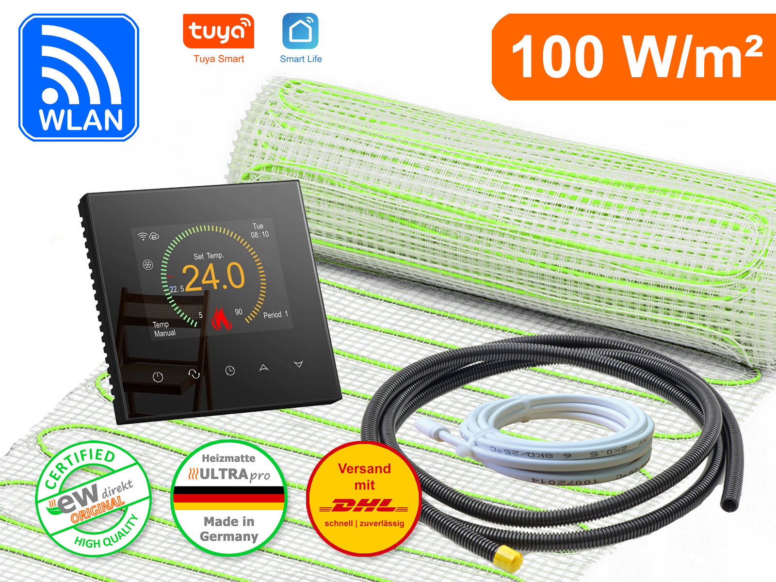 Thermostat RT-70 Wlan schwarz mit elektrischer Heizmatte UltraPro für Fliesen 100 W/m²