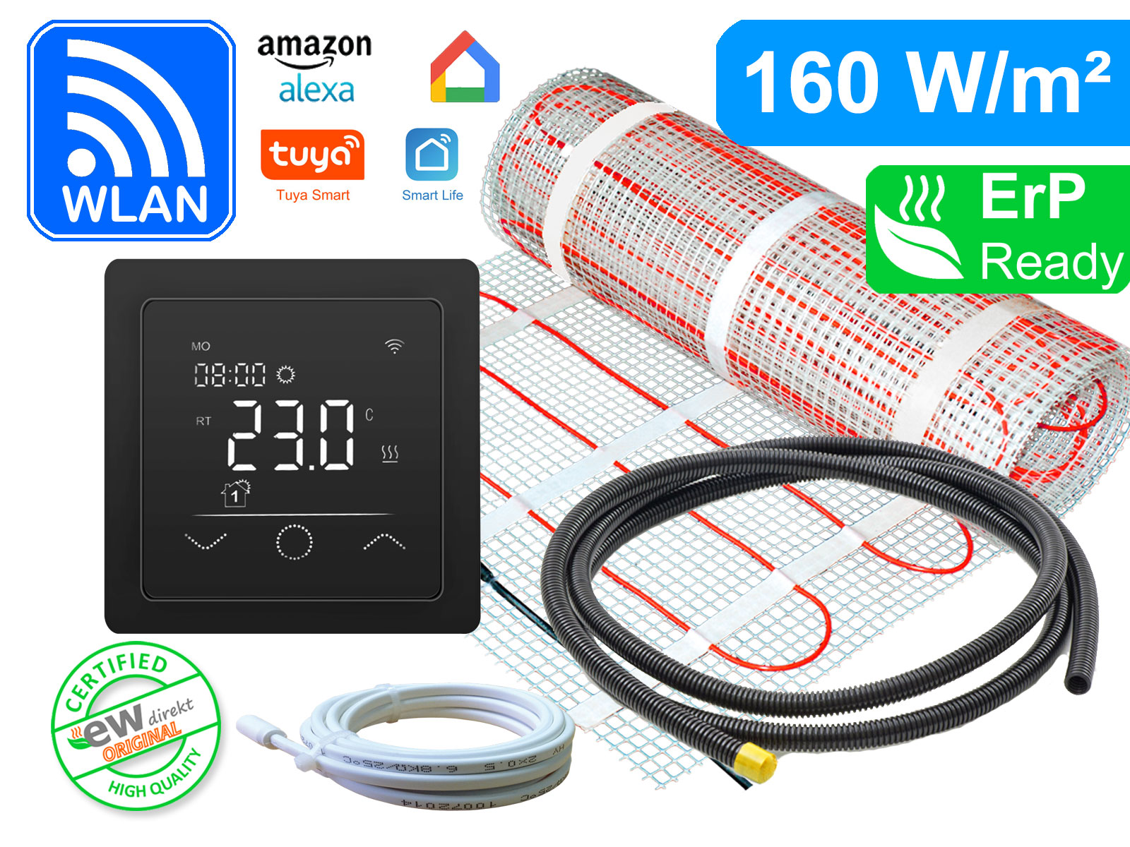 Thermostat RT-63 Wlan schwarz mit elektrischer Heizmatte SunPro für Fliesen 160 W/m²