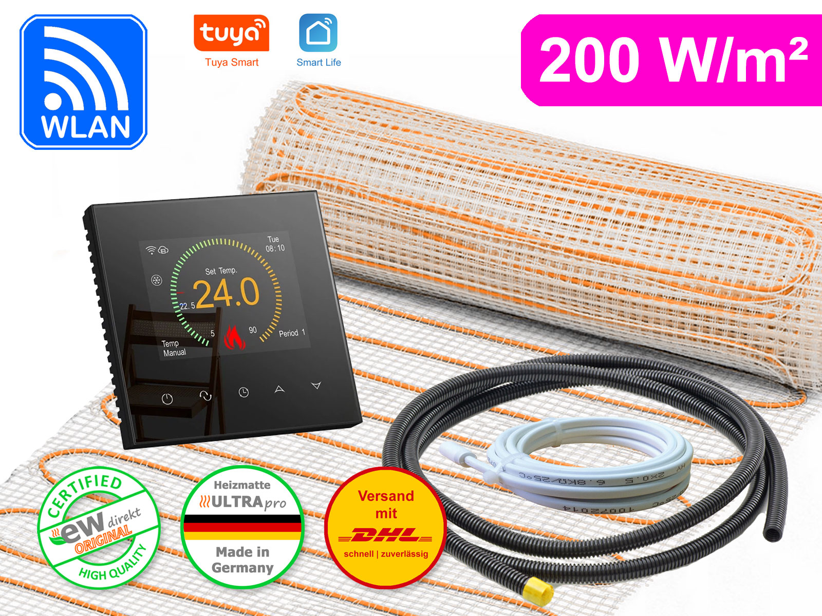 Thermostat RT-70 Wlan schwarz mit elektrischer Heizmatte UltraPro für Fliesen 200 W/m²