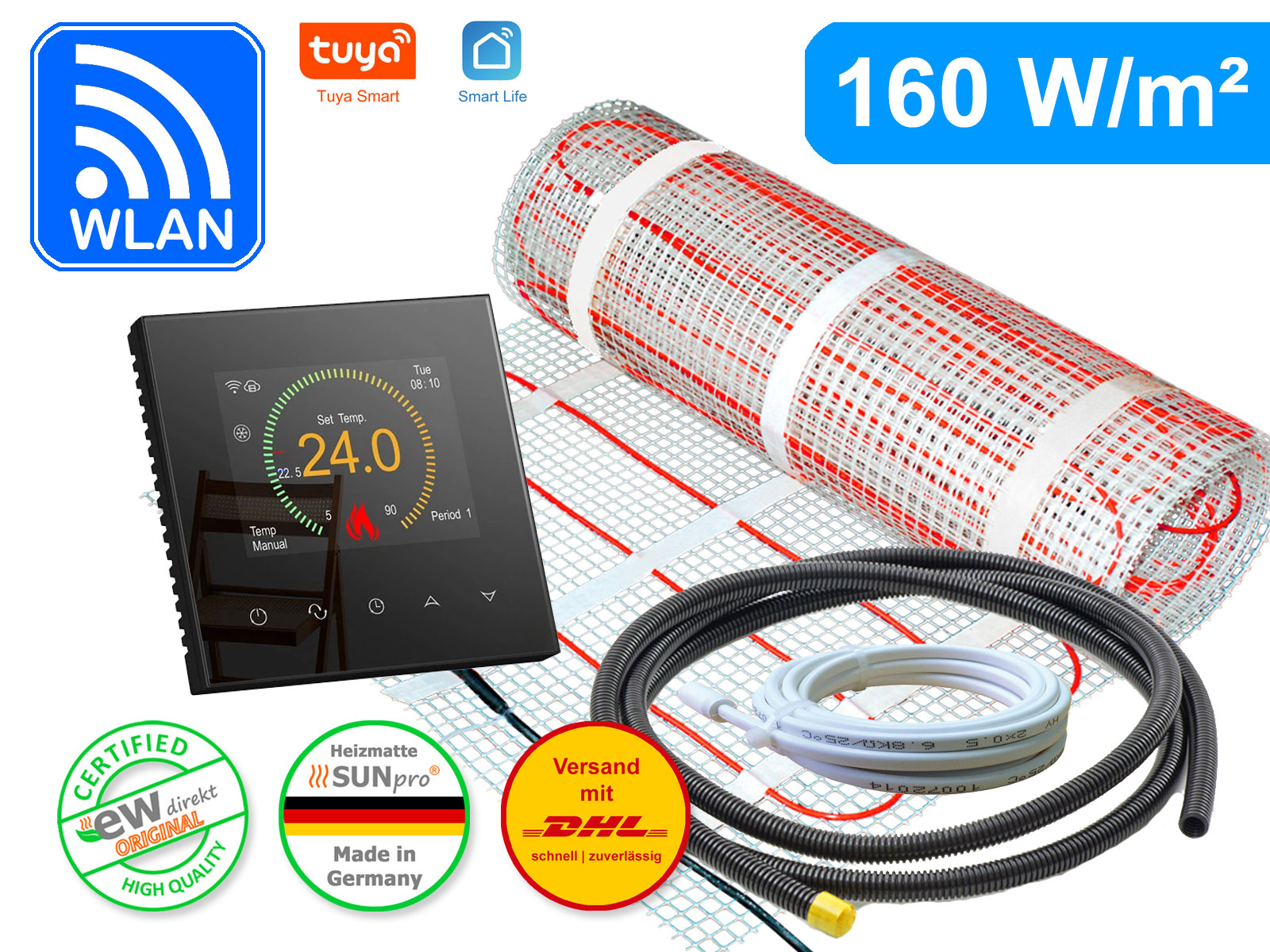 Thermostat RT-70 Wlan schwarz mit elektrischer Heizmatte SunPro für Fliesen 160 W/m²