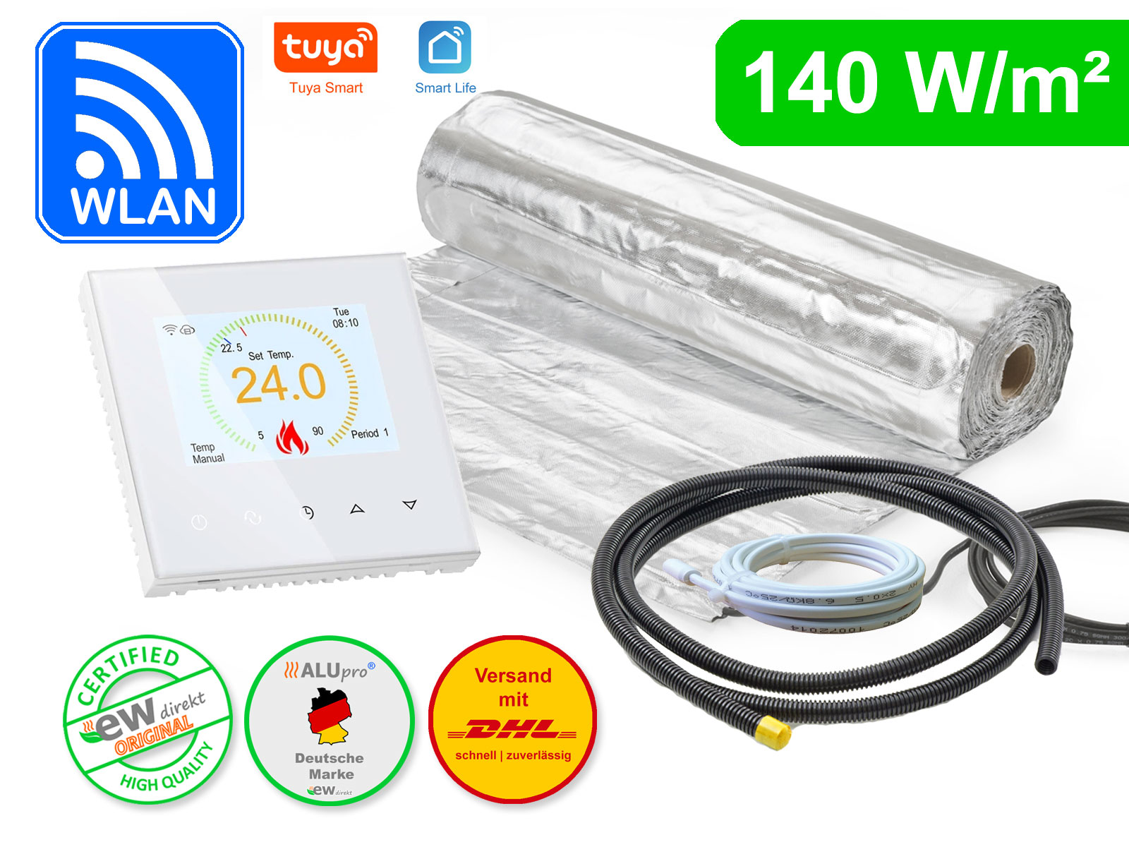 Thermostat RT-70 Wlan weiß mit AluPro 140 W/m² für Laminat / Klickvinyl