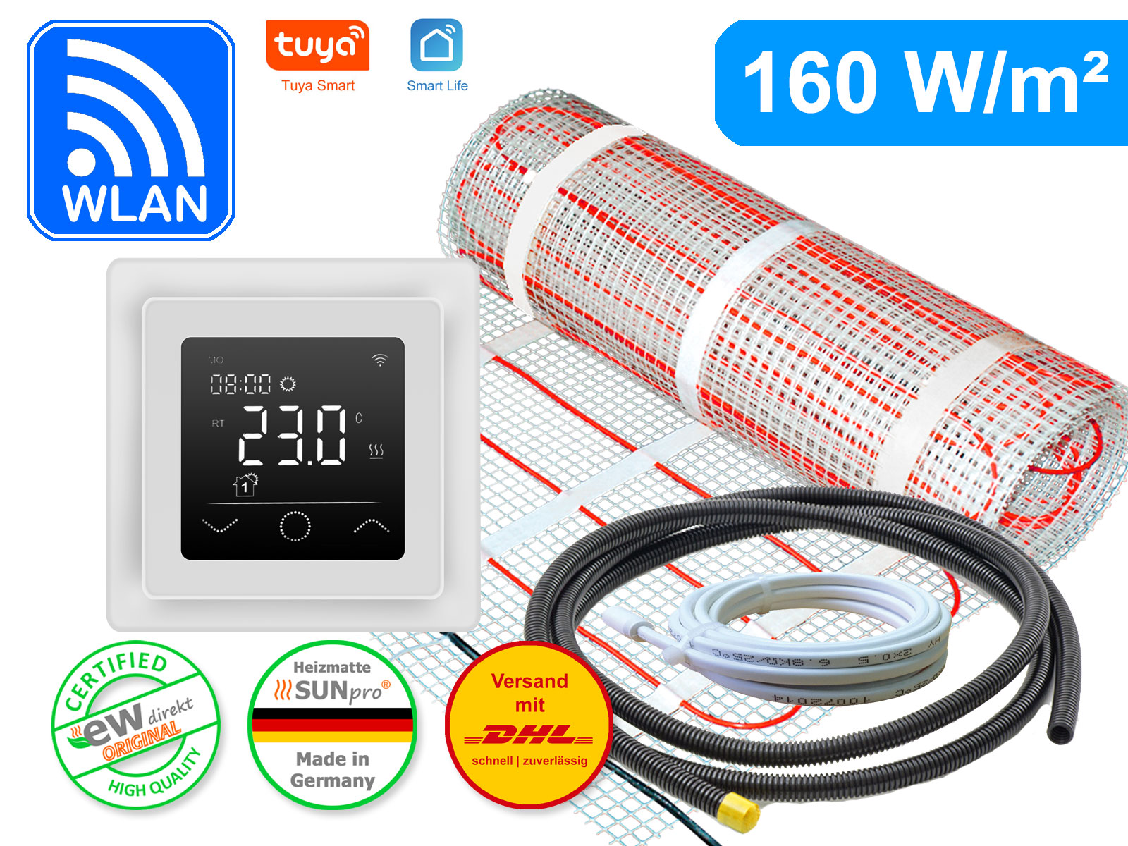 Thermostat RT-63 Wlan weiß mit elektrischer Heizmatte SunPro für Fliesen 160 W/m²