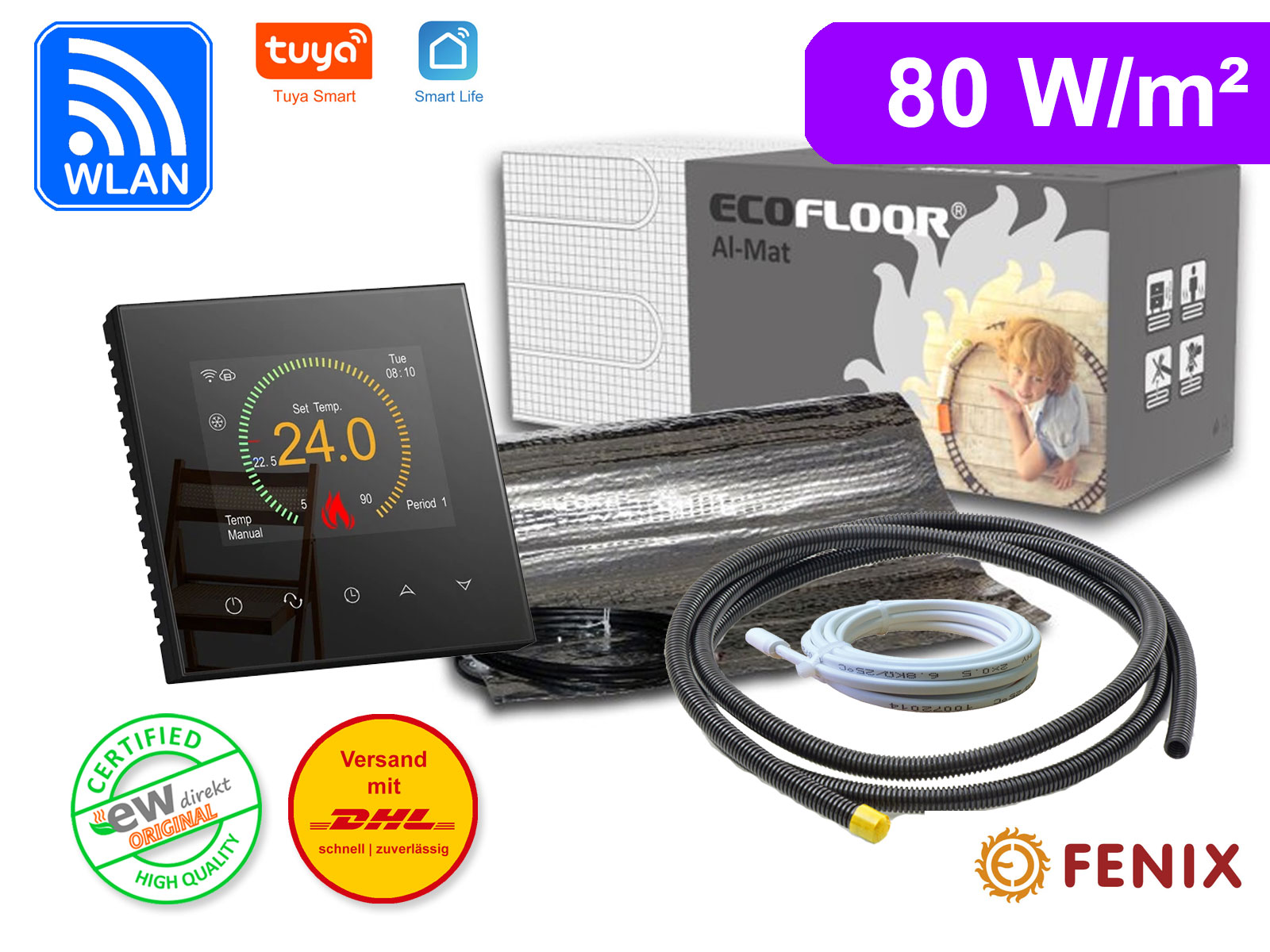 Thermostat RT-70 schwarz mit FENIX AL-MAT 80 W/m² für Laminat / Klickvinyl