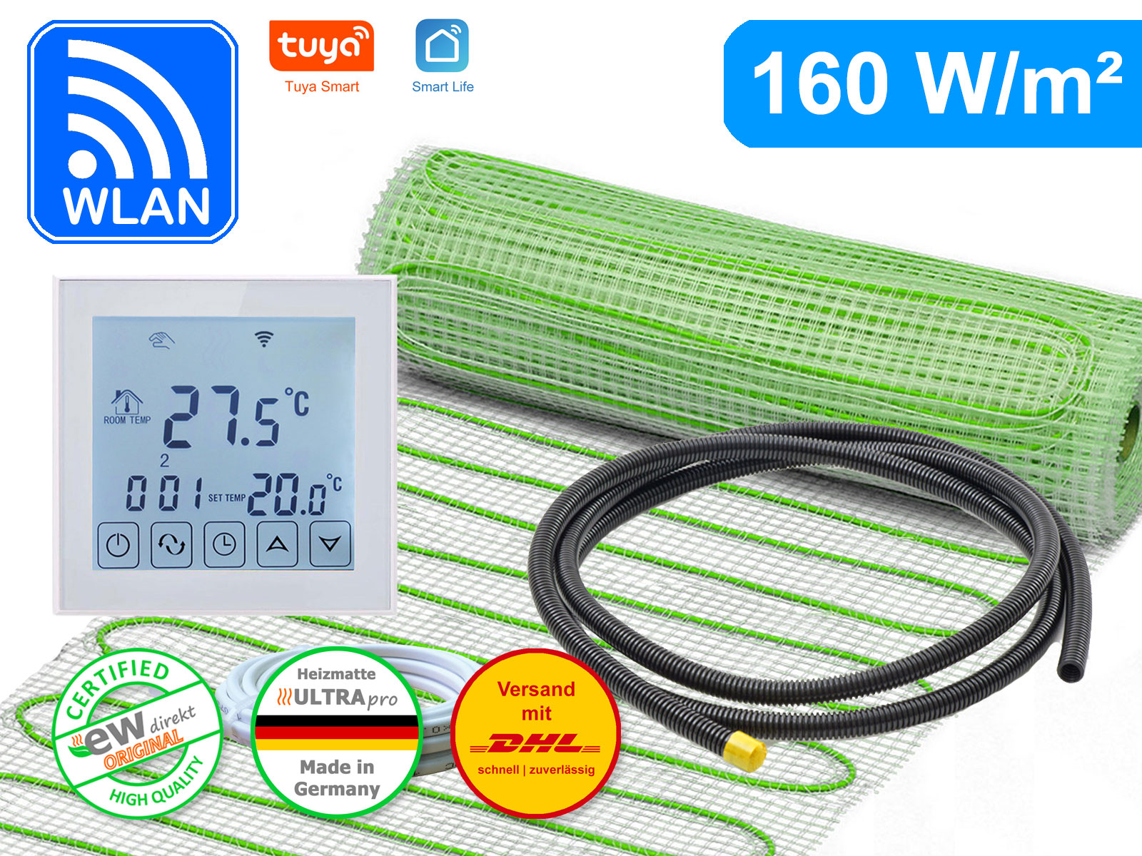 Thermostat RT-60 Wlan mit elektrischer Heizmatte UltraPro für Fliesen 160 W/m²