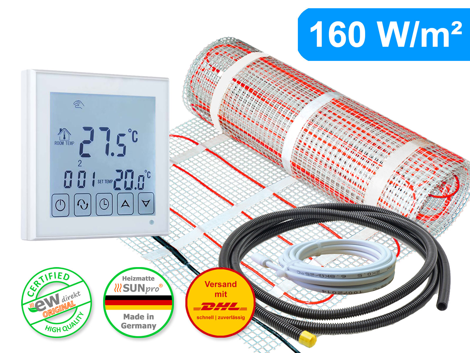 Thermostat RT-45 mit elektrischer Heizmatte SunPro für Fliesen 160 W/m²
