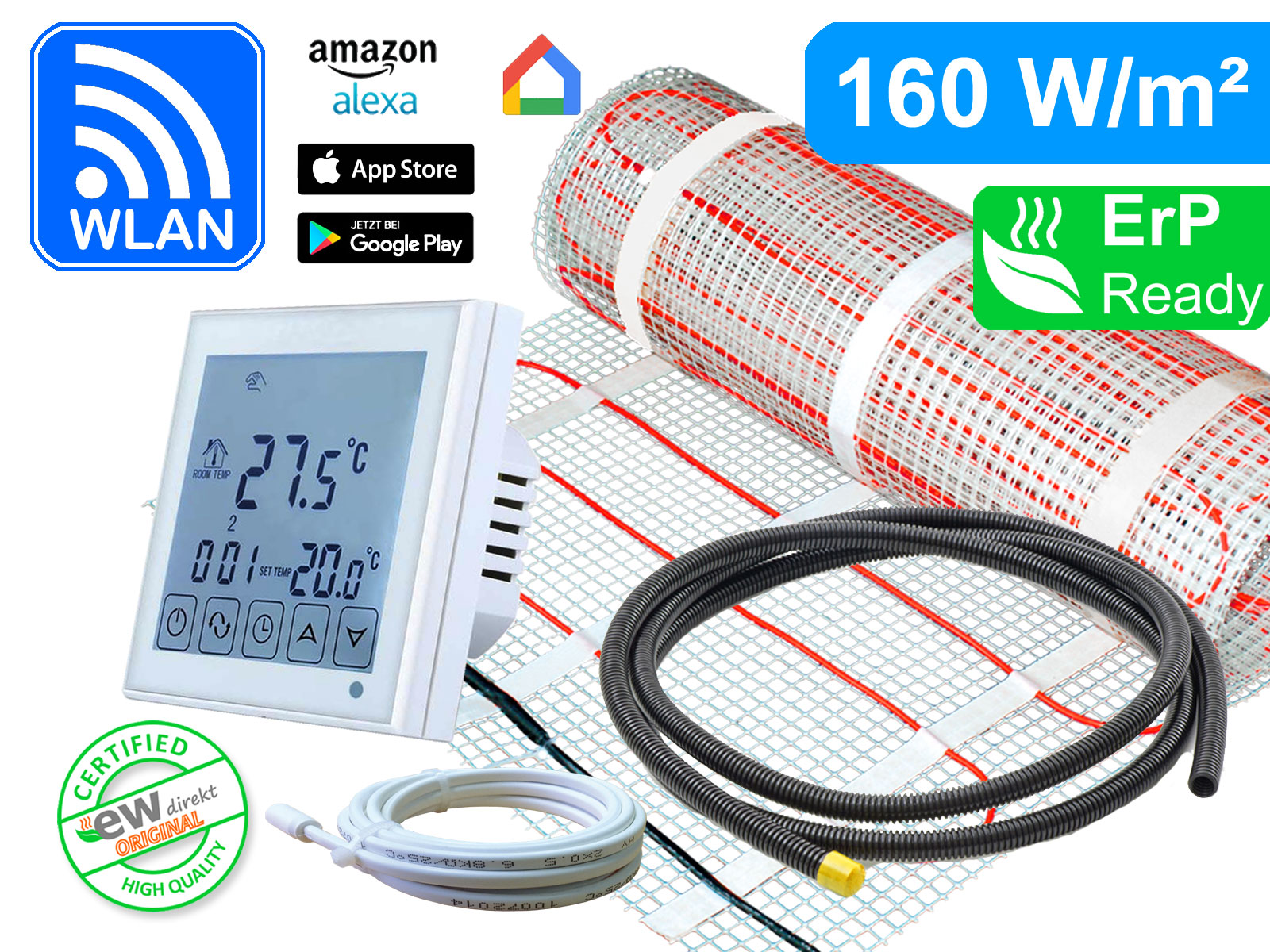 RT-60-160-basic-1 Thermostat RT-6 Wlan mit elektrischer Heizmatte SunPro für Fliesen 160 W/m²