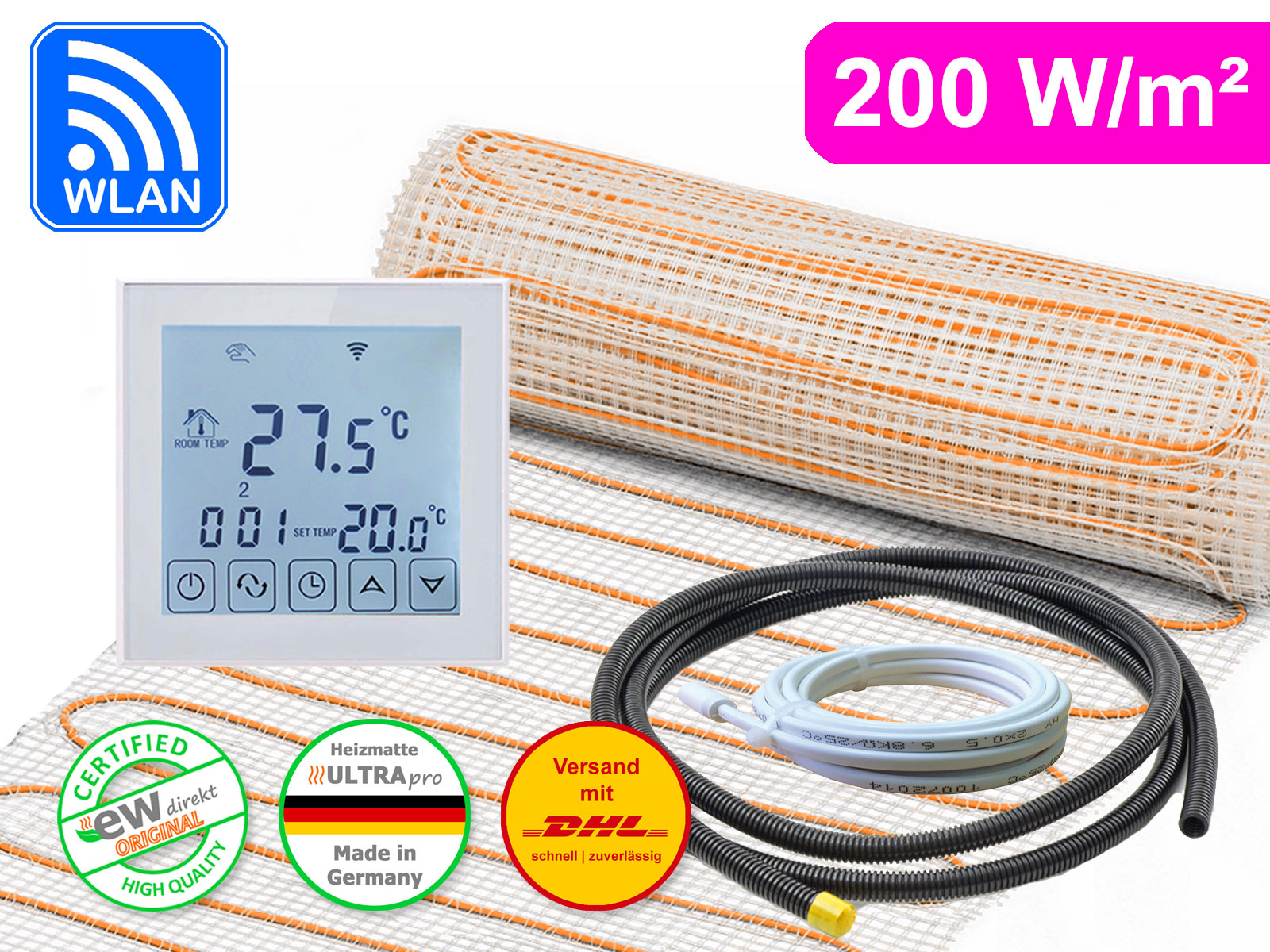 Thermostat RT-60 Wlan weiß mit elektrische Fußbodenheizung UltraPro 200 für Fliesen