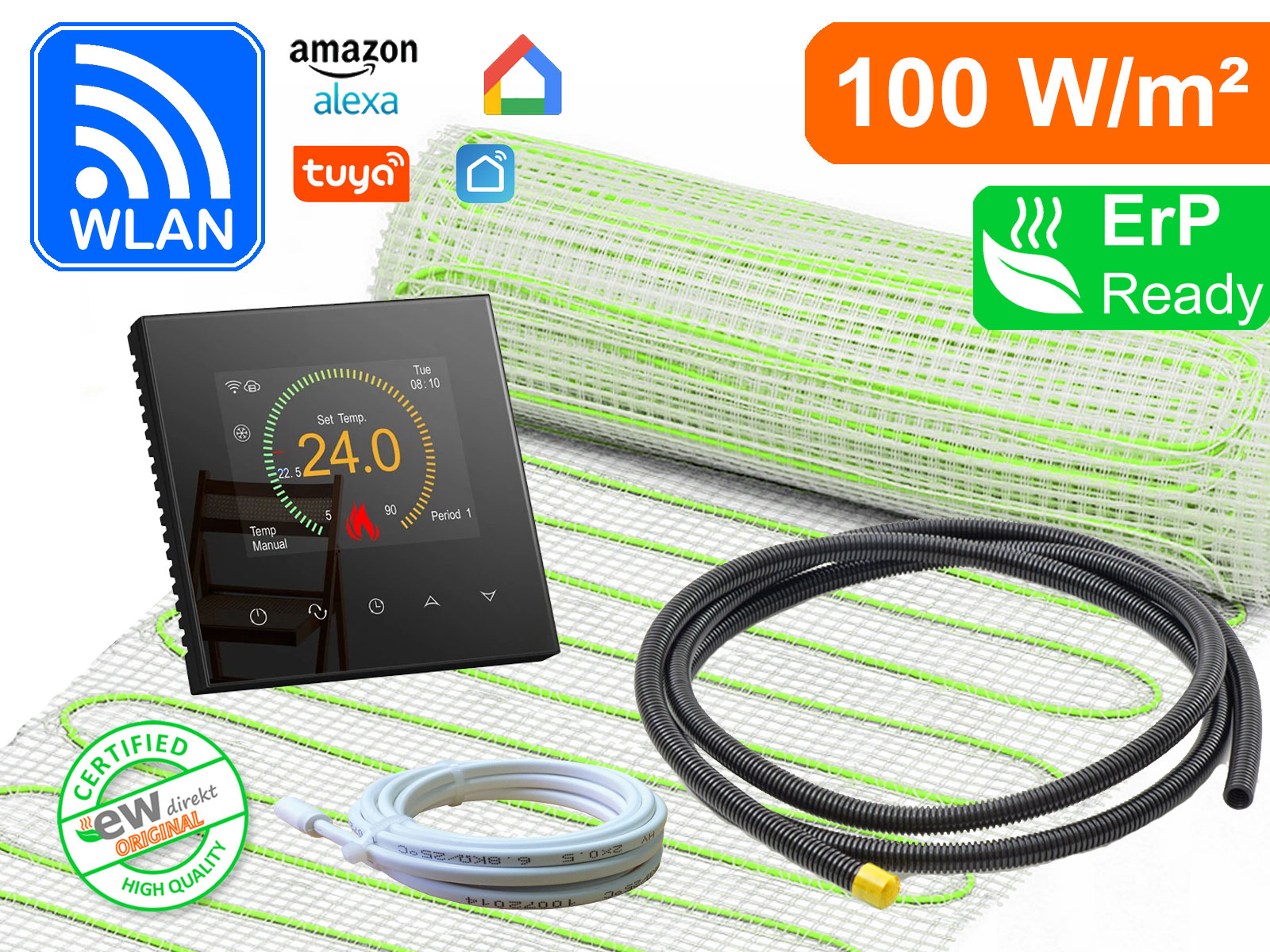 Thermostat RT-70 Wlan schwarz mit elektrischer Heizmatte UltraPro für Fliesen 100 W/m²