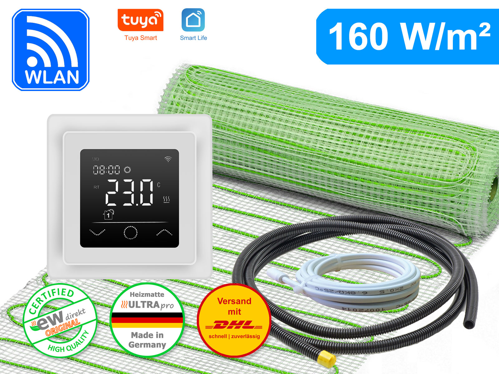 Thermostat RT-63 Wlan weiß mit elektrischer Heizmatte UltraPro für Fliesen 160 W/m²