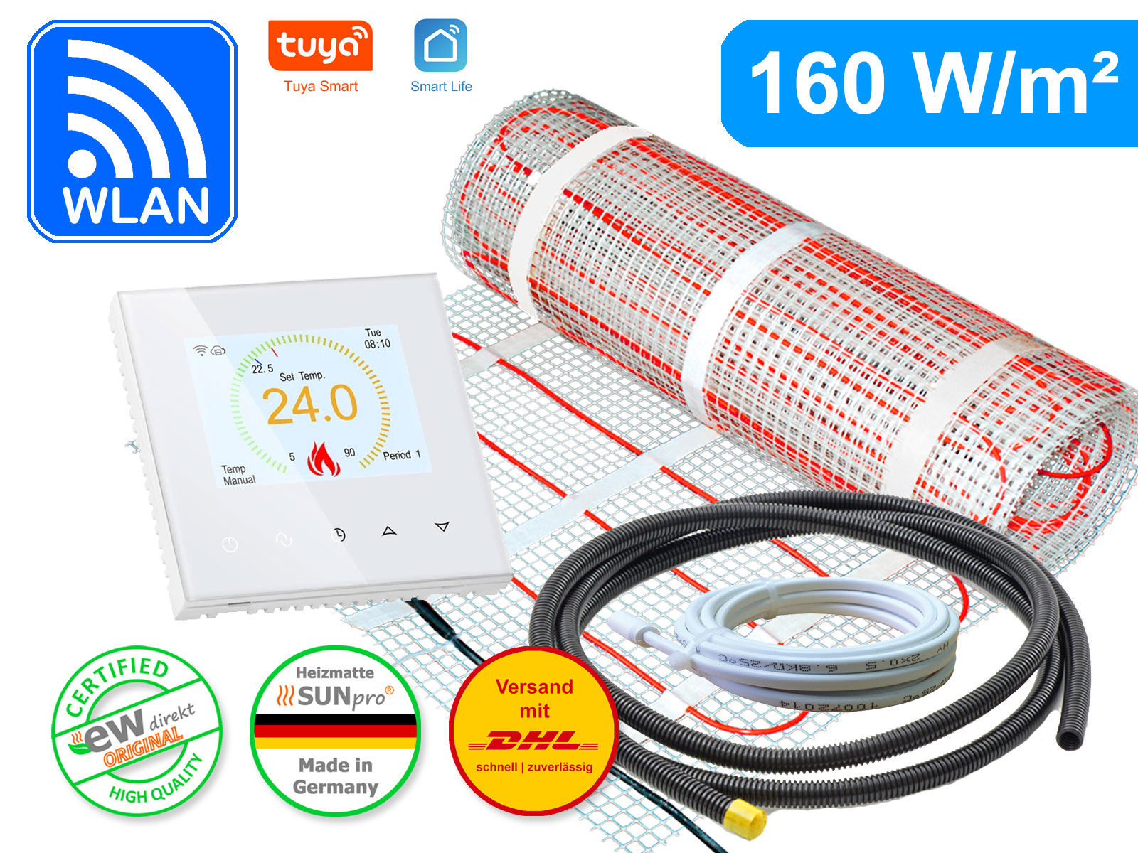 Thermostat RT-70 Wlan weiß mit elektrischer Heizmatte SunPro für Fliesen 160 W/m²