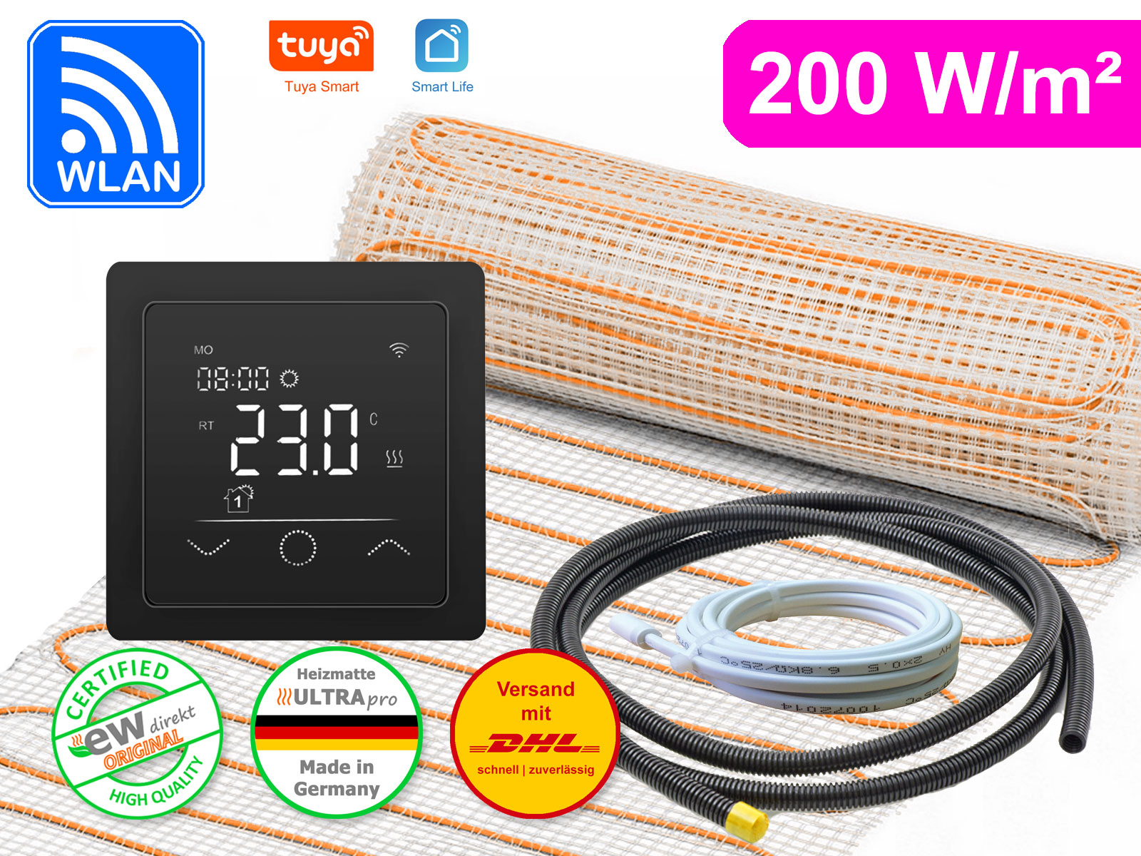 Elektrische Fußbodenheizung UltraPro für Fliesen 200 W/m² mit Thermostat RT-63 Wlan schwarz
