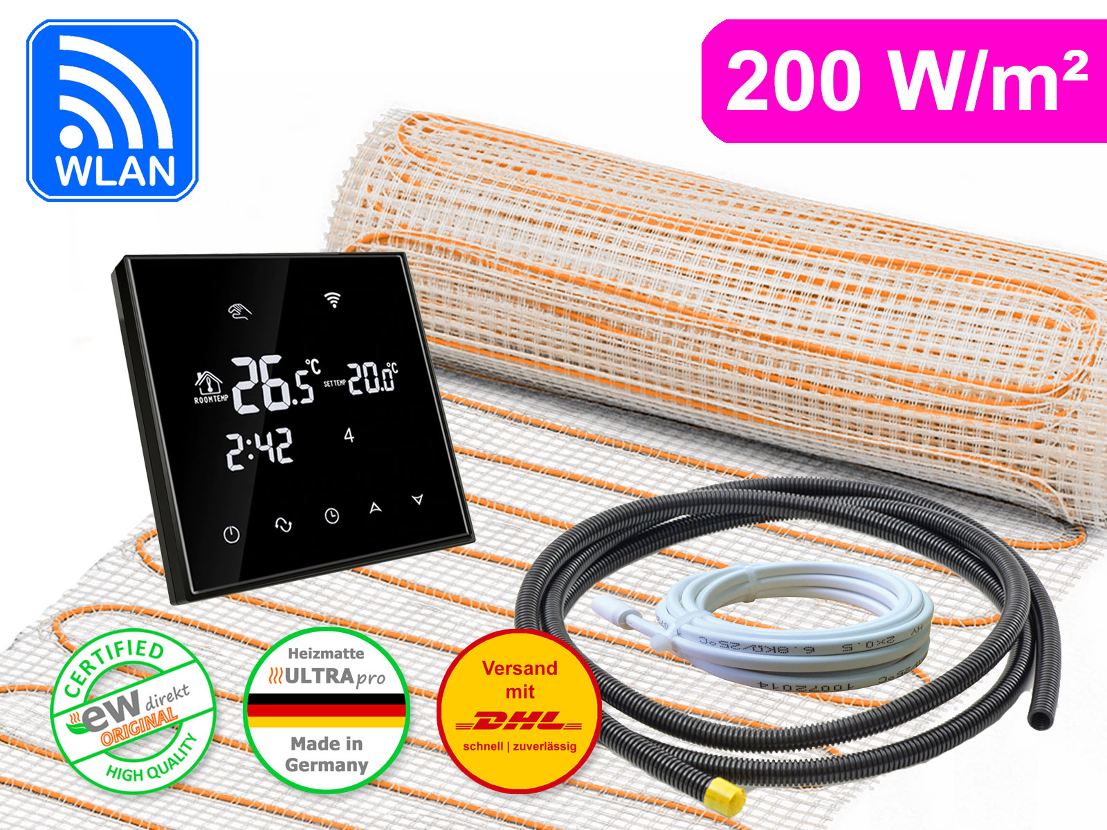 Elektrische Fußbodenheizung UltraPro für Fliesen 200 W/m² mit Thermostat RT-67 Wlan schwarz