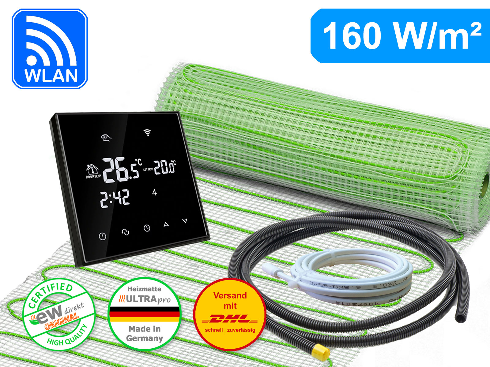 Thermostat RT-67 Wlan mit elektrischer Heizmatte UltraPro für Fliesen 160 W/m²