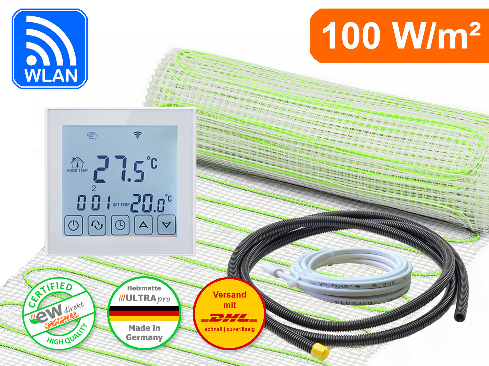 Thermostat RT-60 Wlan weiß mit elektrische Fußbodenheizung UltraPro 100 für Fliesen