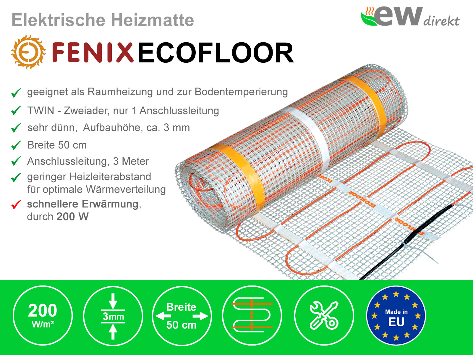 Thermostat RT-50 mit FENIX Ecofloor 200 W/m² elektrischer Heizmatte für Fliesen