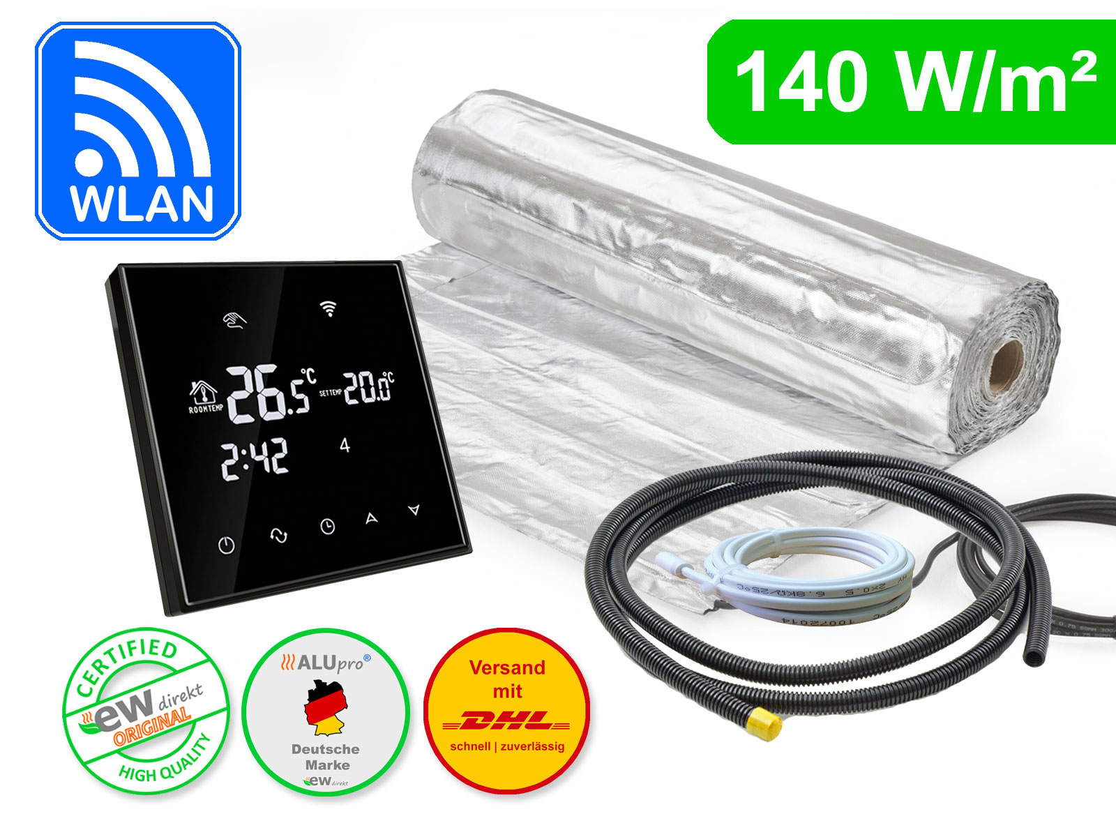 Thermostat RT-67 WLAN schwarz mit AluPro 140 W/m² für Laminat / Klickvinyl