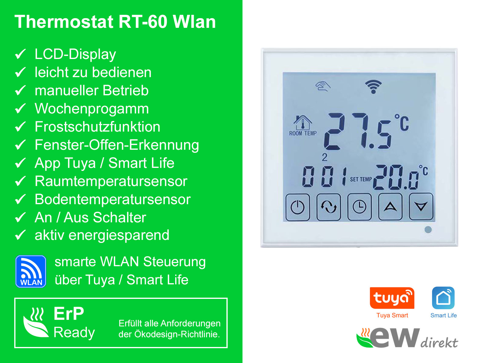 Thermostat RT-60 Wlan mit elektrische Fußbodenheizung UltraPro 200 für Fliesen